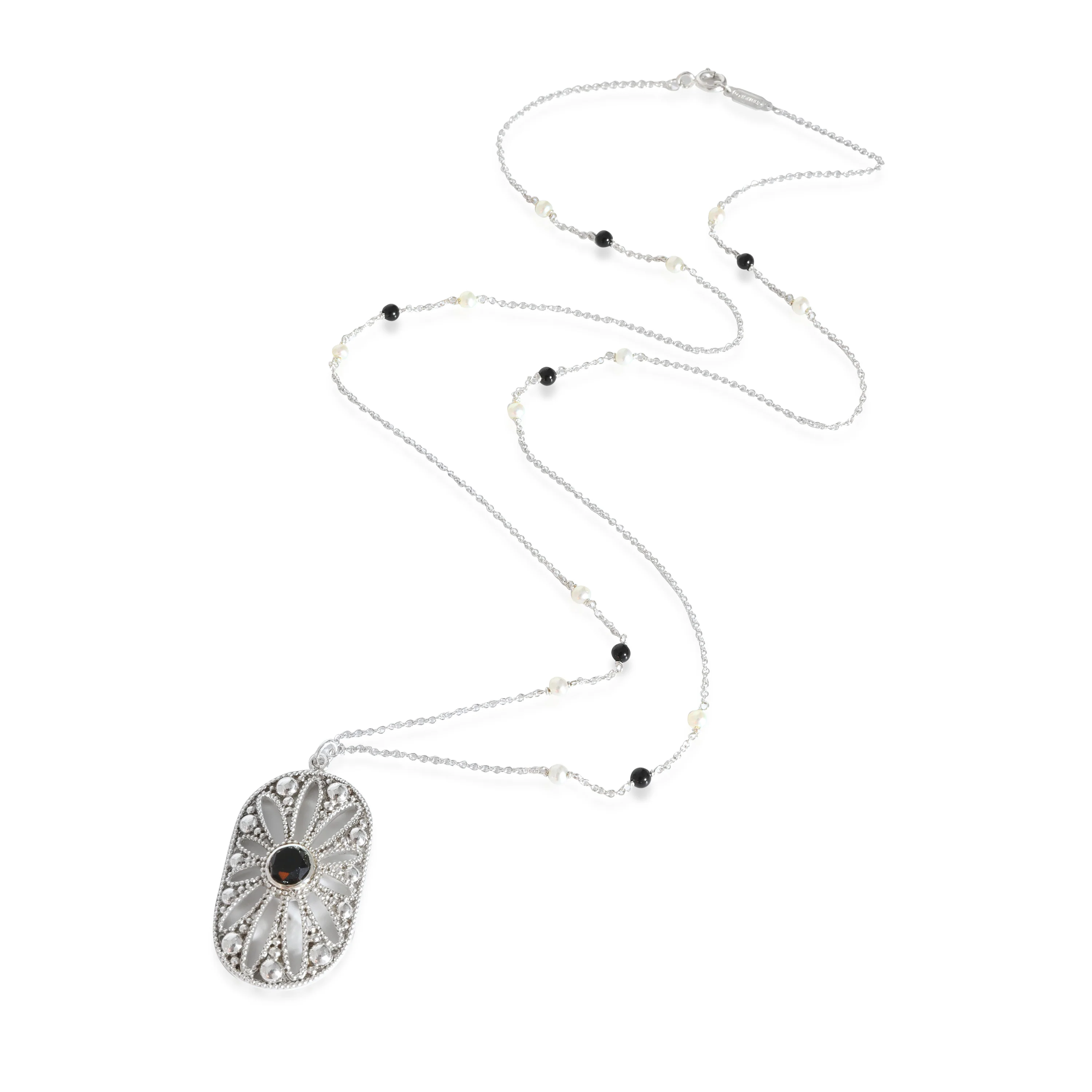 Tiffany & Co. Ziegfeld Pearl & Onyx Daisy Cartouche Necklace in Sterling Silver - Image 2