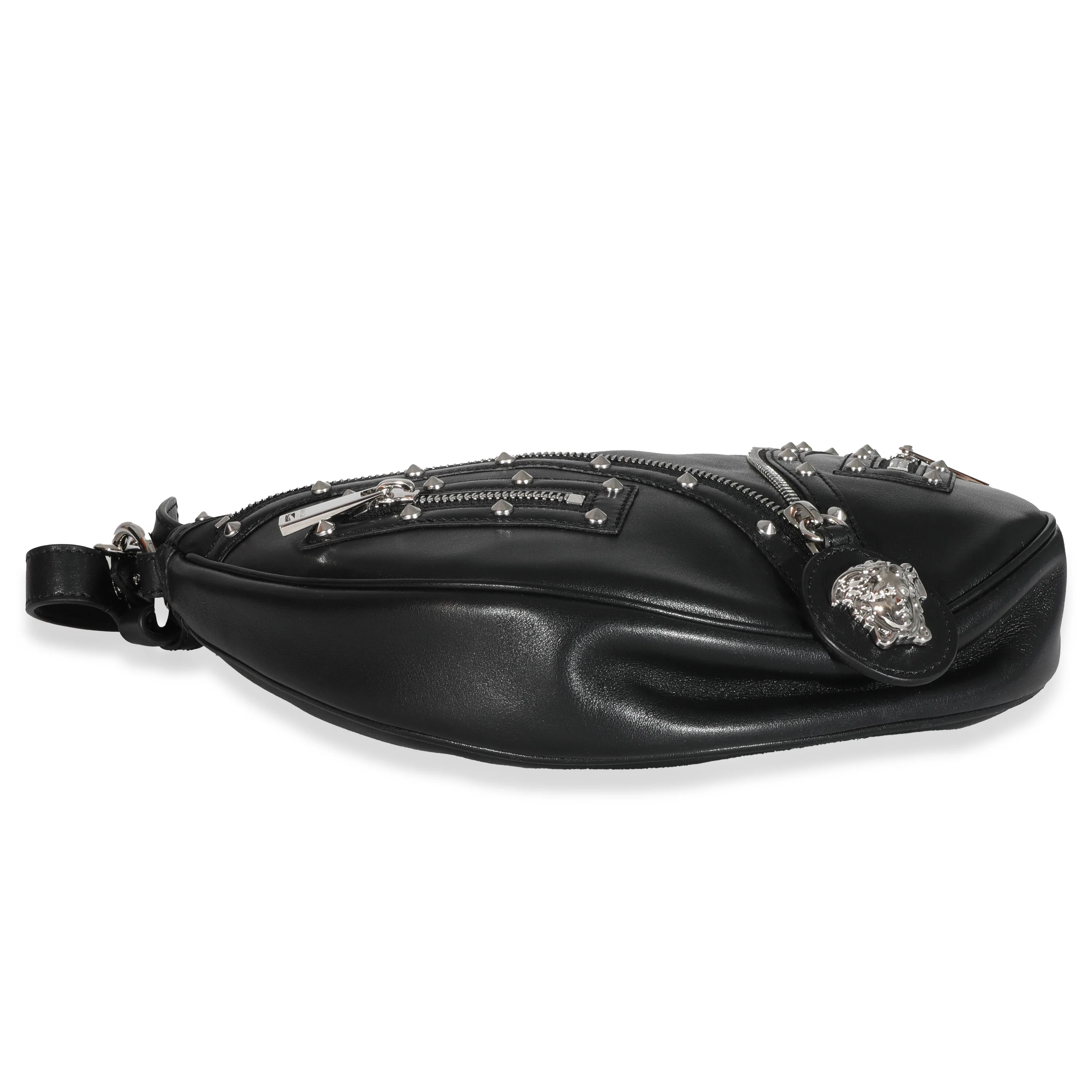 Versace Black Studded Calfskin Small Medusa Repeat Hobo - Image 7