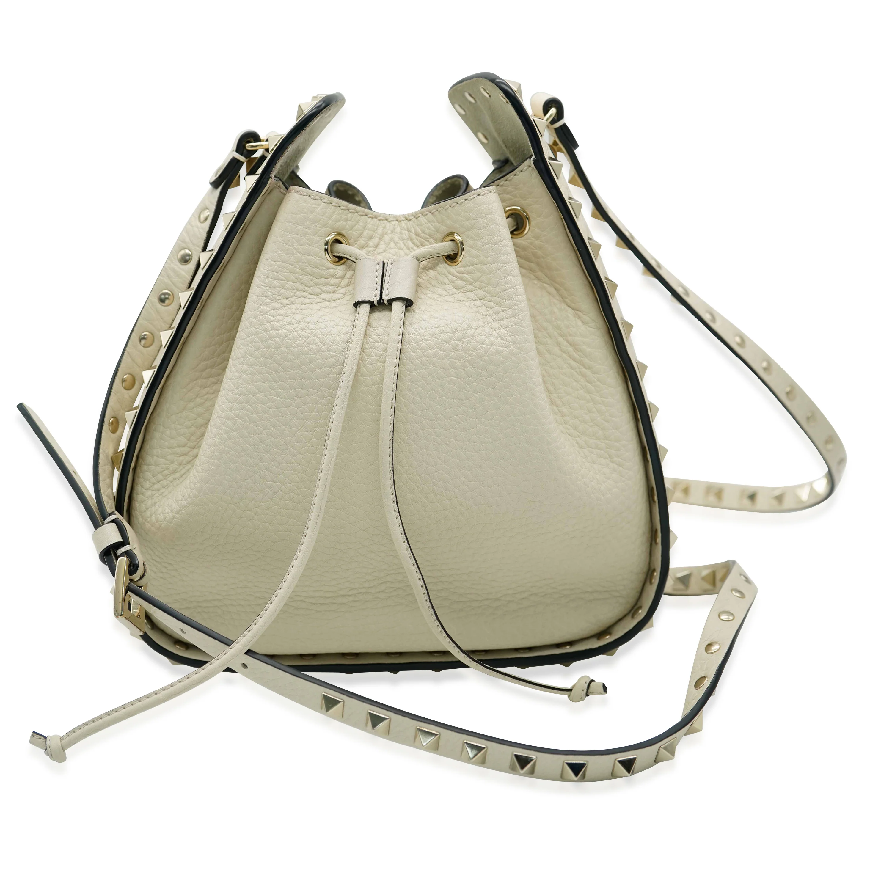 White Leather Rockstud Bucket Bag