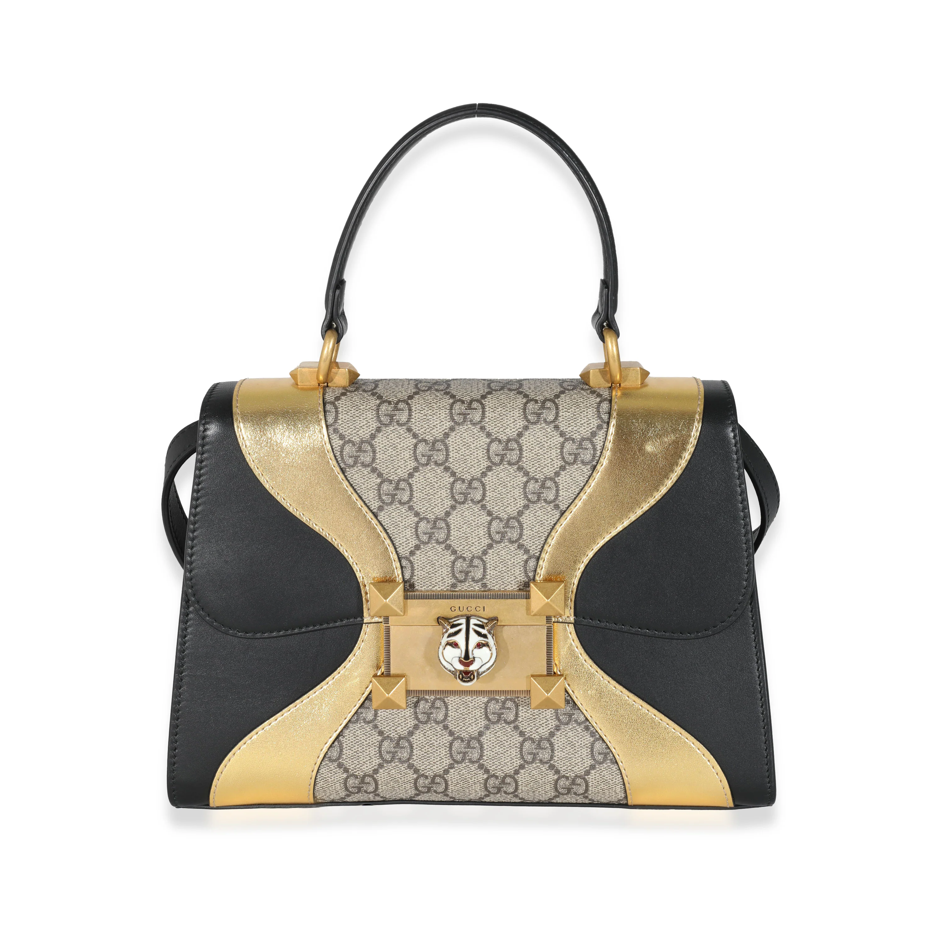 Gucci Black Gold Leather GG Supreme Osiride Small Top Handle Bag