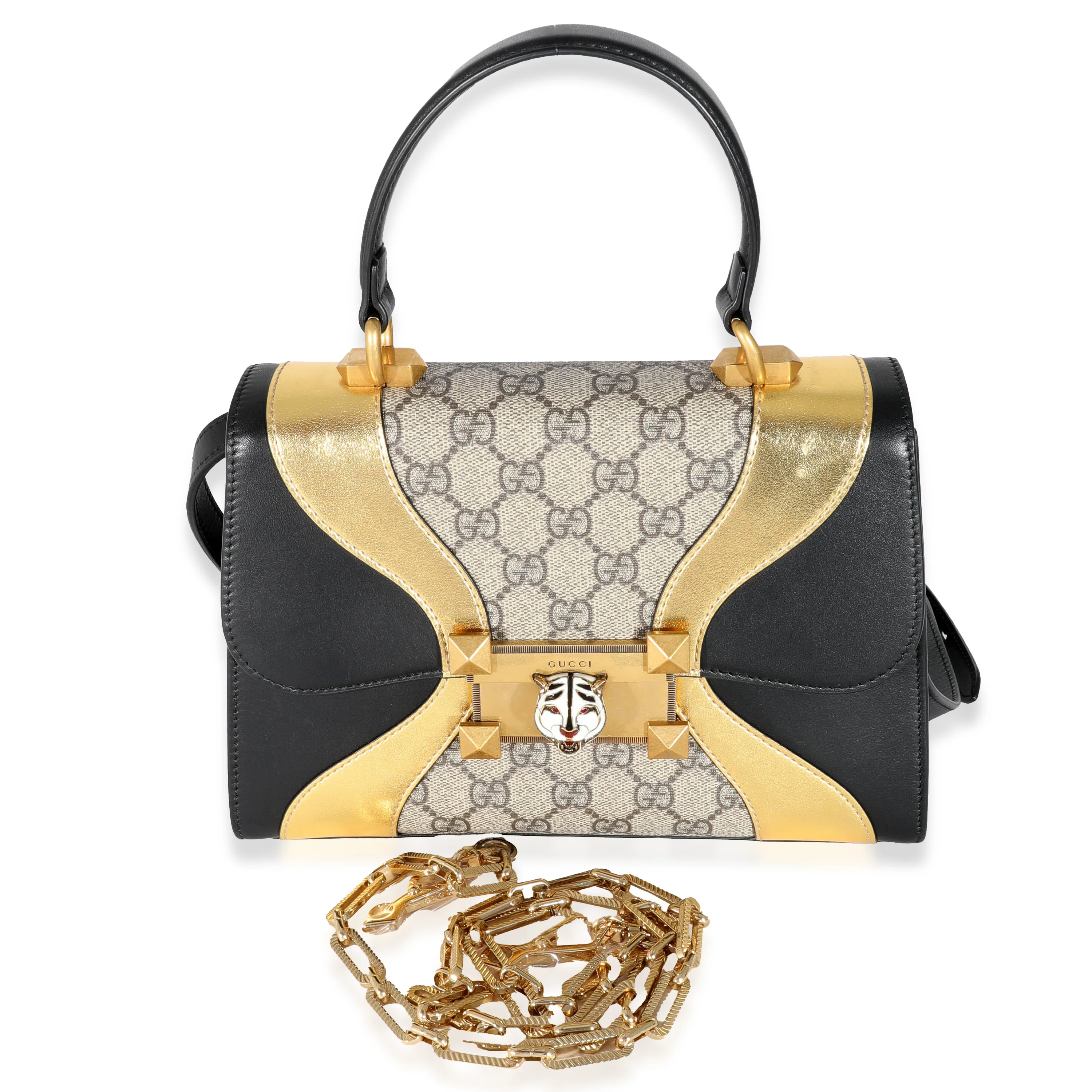 Gucci Black Gold Leather GG Supreme Osiride Small Top Handle Bag - Image 8