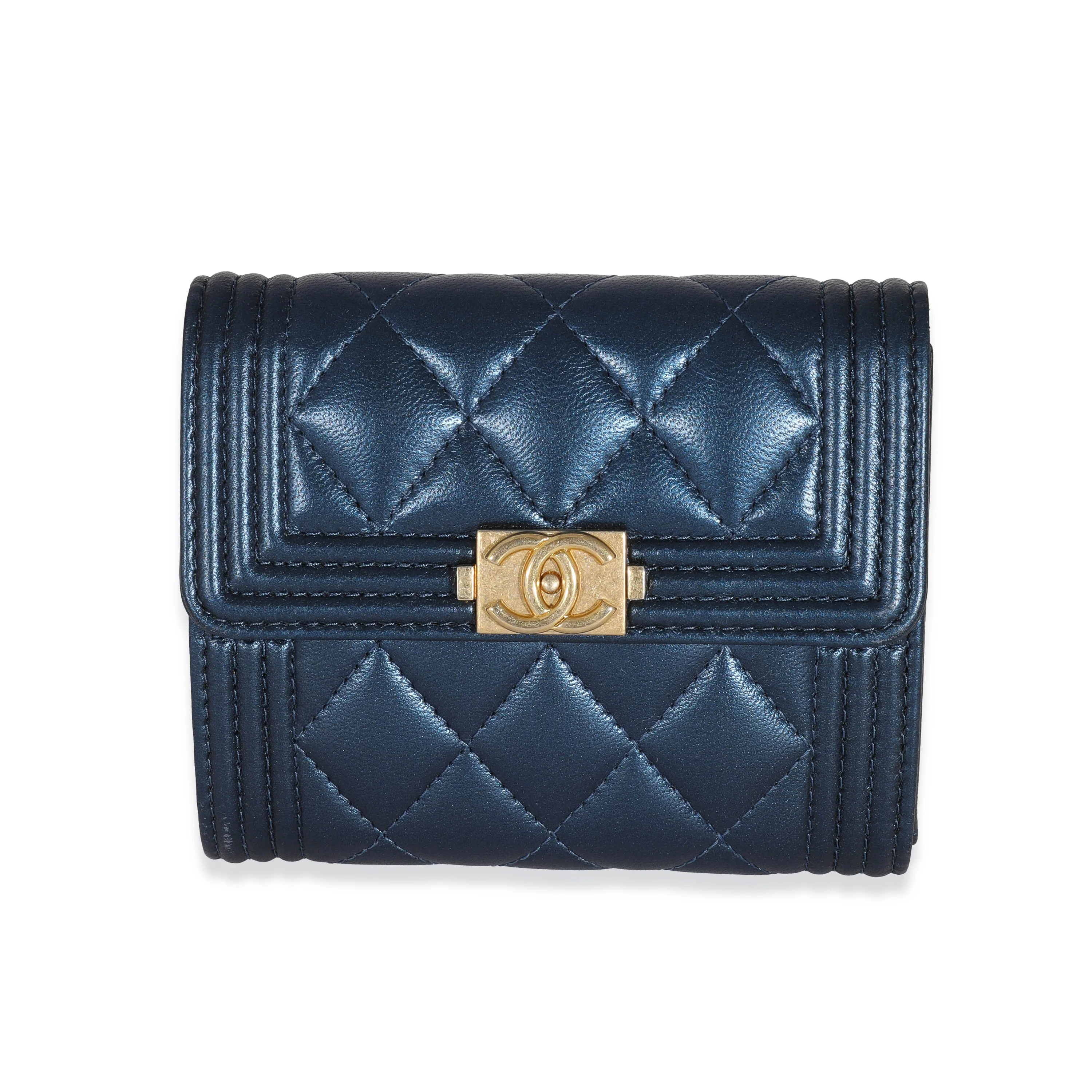 Chanel Navy Metallic Lambskin Boy Wallet