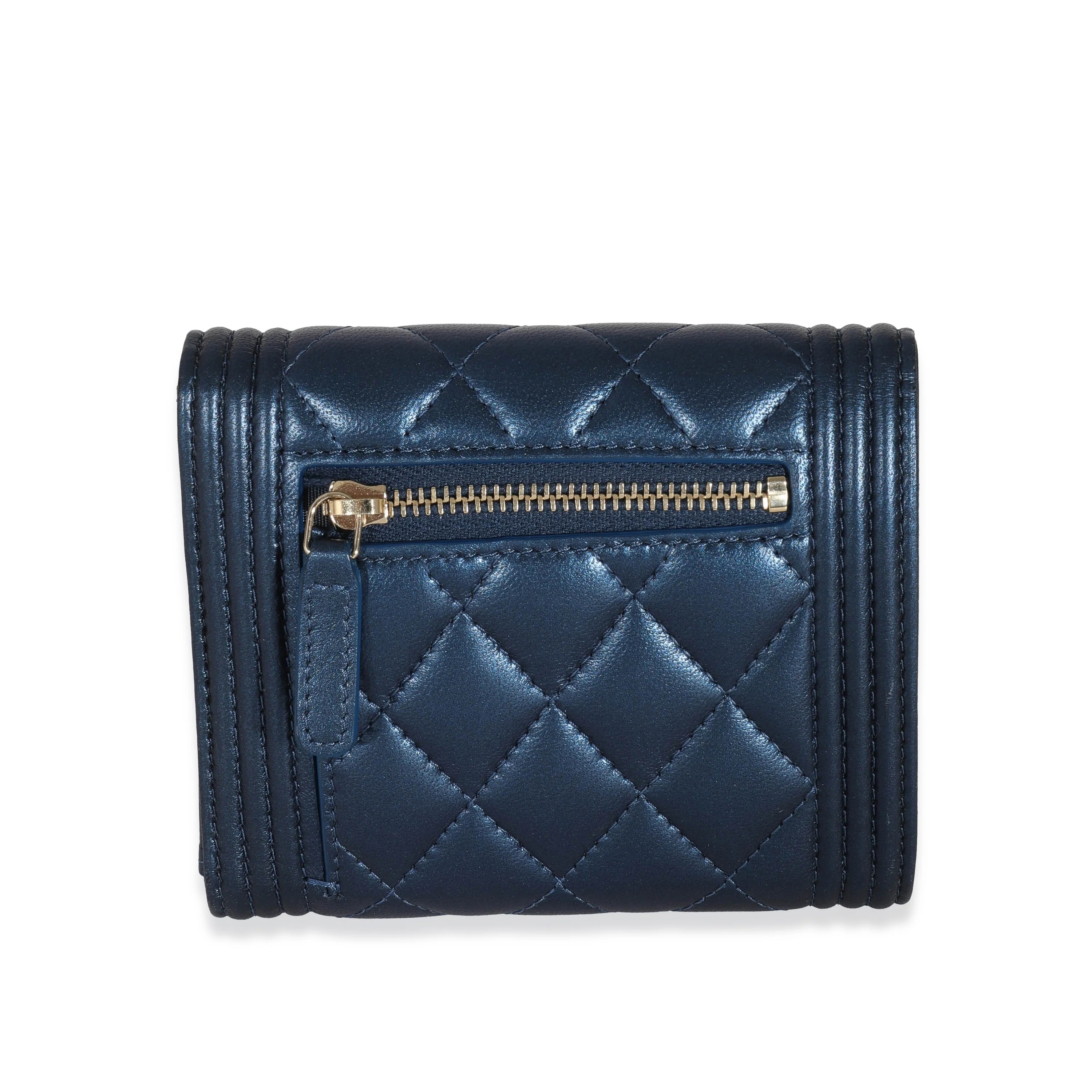 Chanel Navy Metallic Lambskin Boy Wallet - Image 3