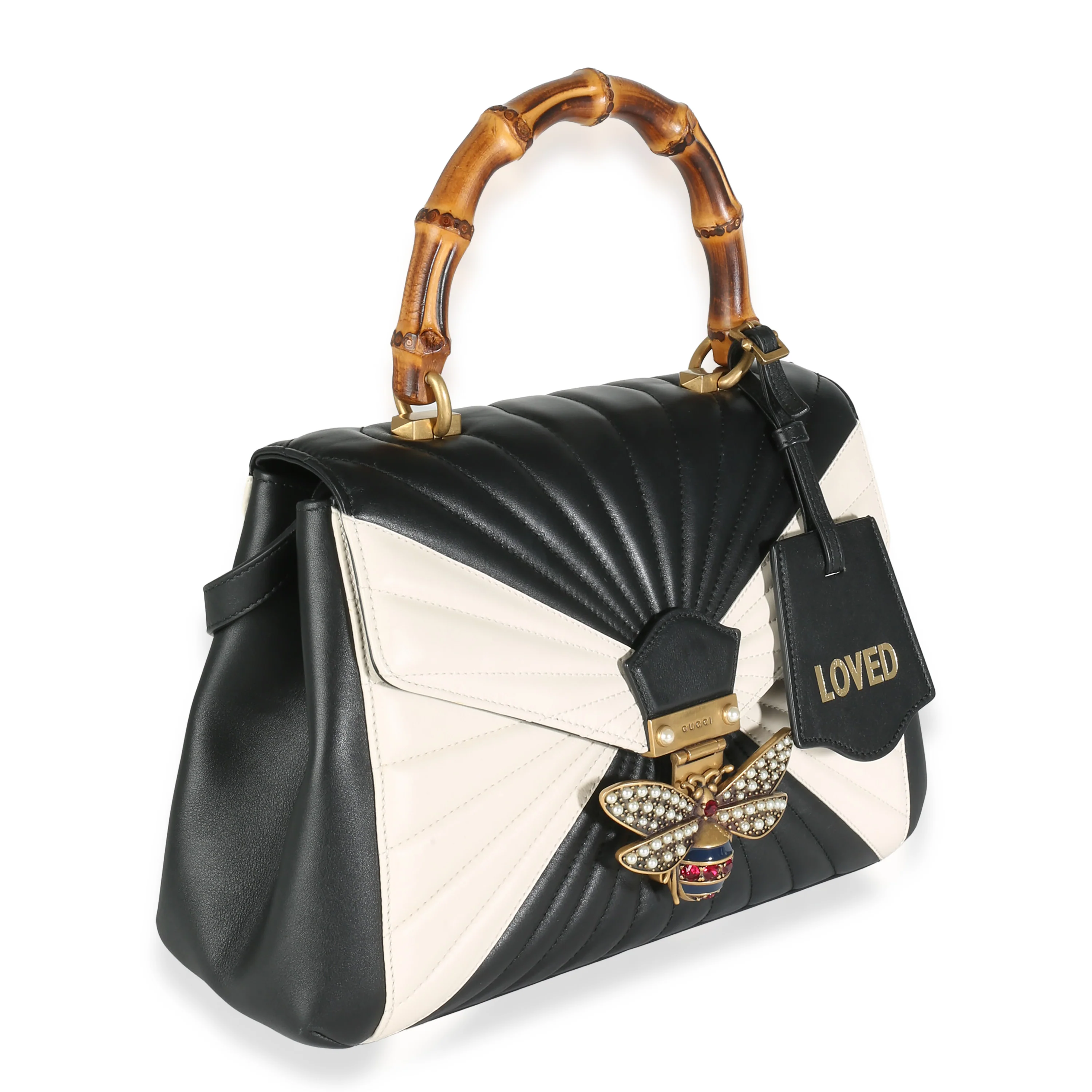 Black White Calfskin Queen Margaret Bamboo Top Handle Bag - Image 3