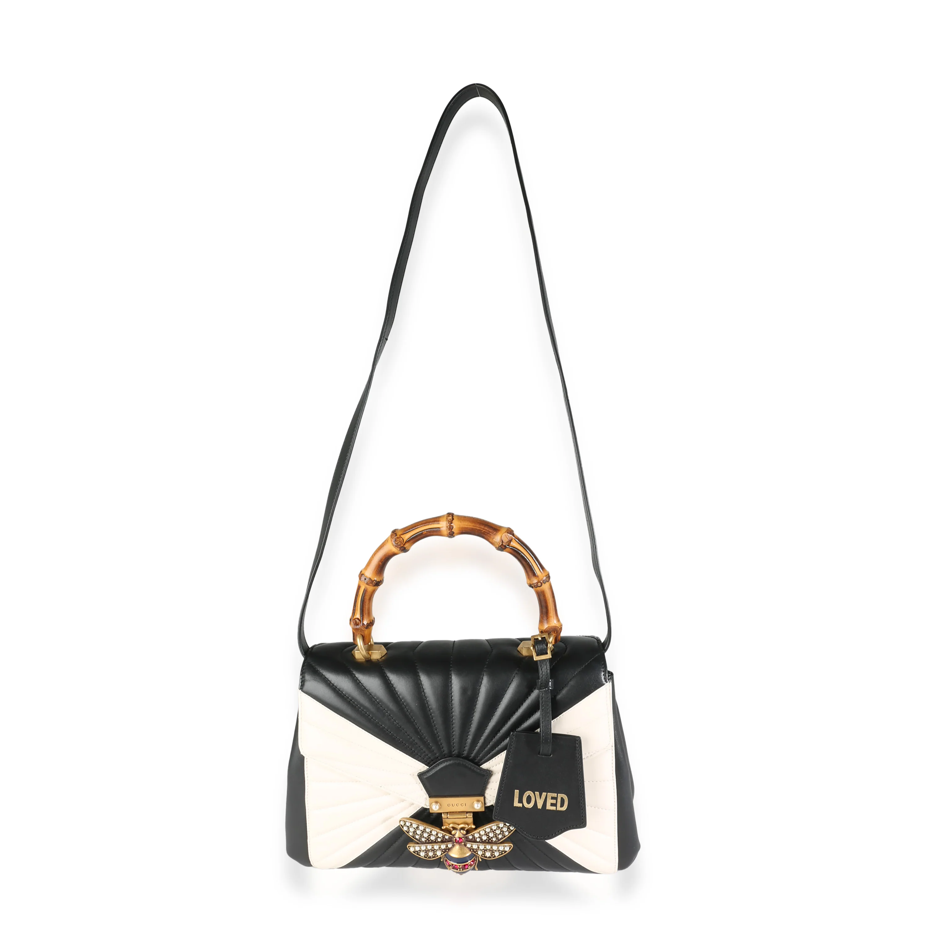 Black White Calfskin Queen Margaret Bamboo Top Handle Bag - Image 8