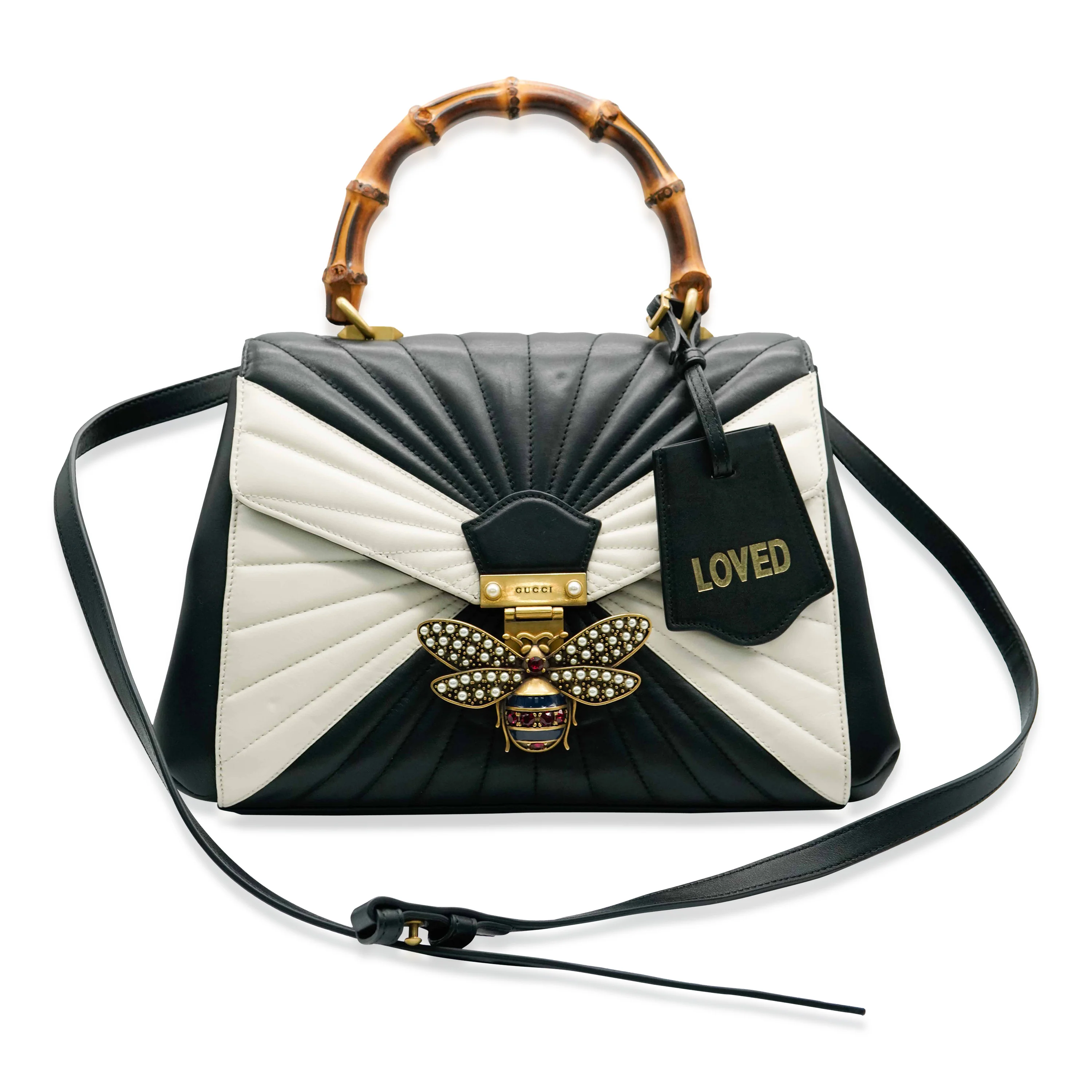 Black White Calfskin Queen Margaret Bamboo Top Handle Bag - Image 9
