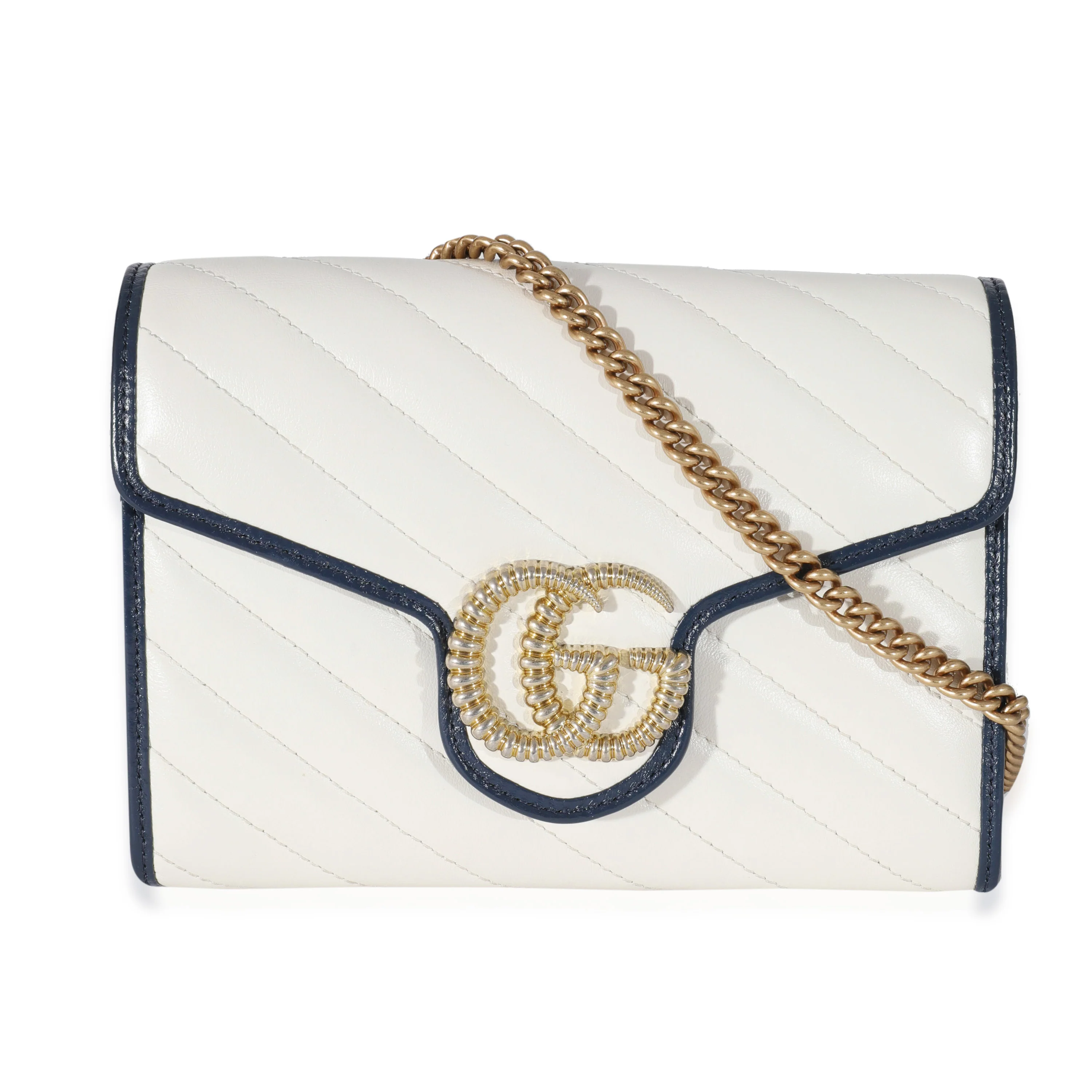 Gucci Blue Agata Mystic White Calfskin Torchon Diagonal GG Marmont Chain Wallet