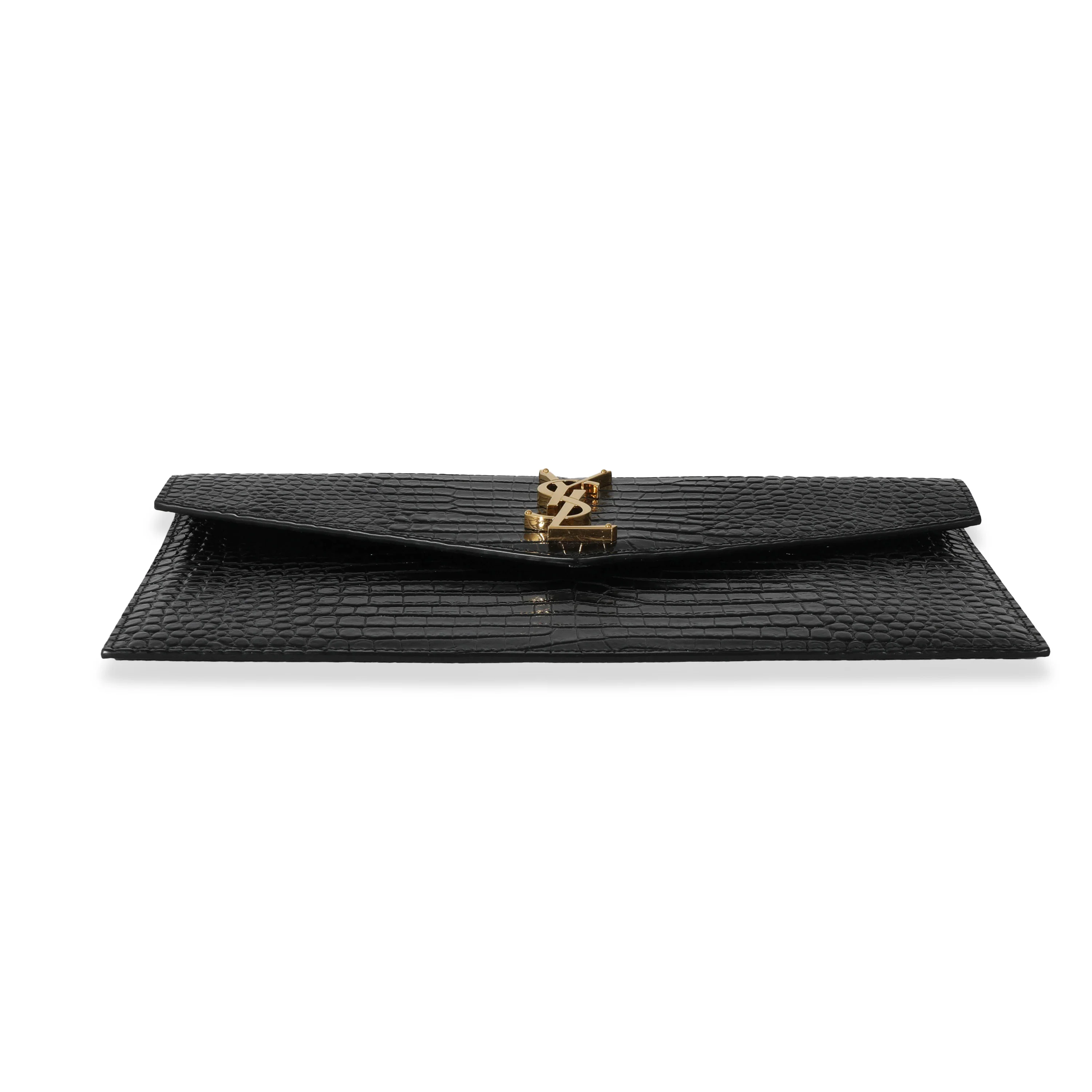 Saint Laurent Black Shiny Crocodile Embossed Leather Uptown Pouch - Image 3