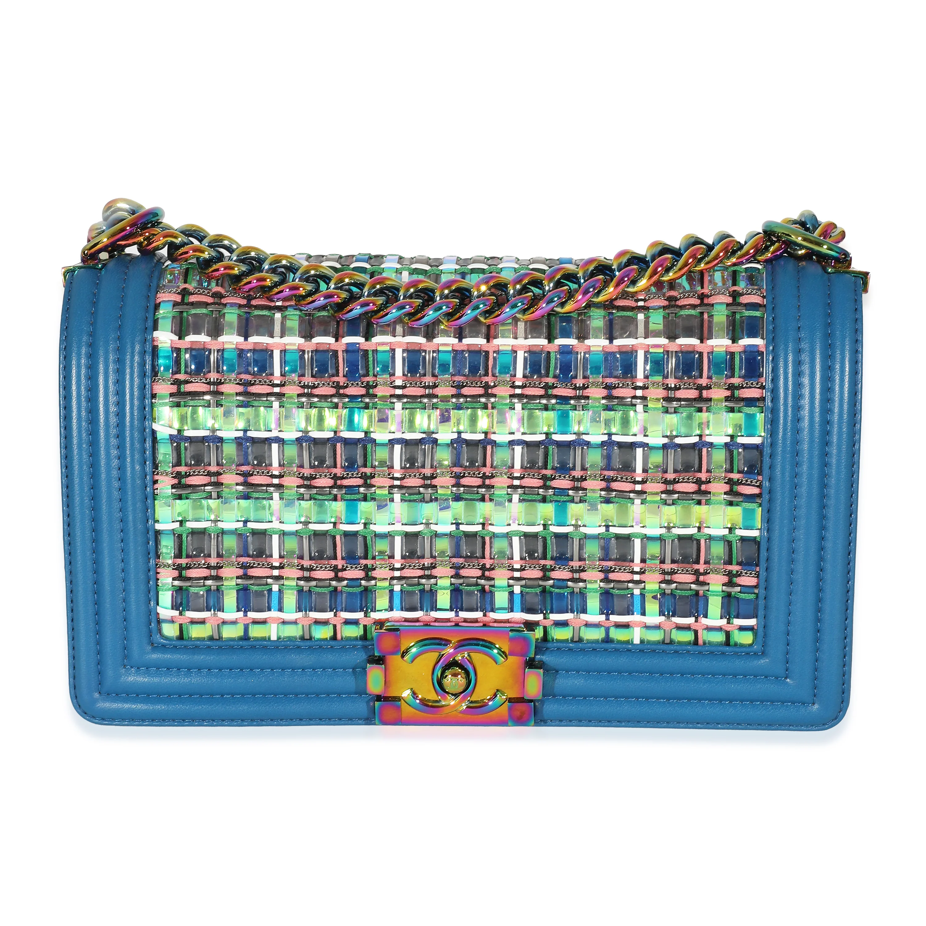 Chanel PVC Multi Colored Woven Blue Lambskin Old Medium Boy Bag