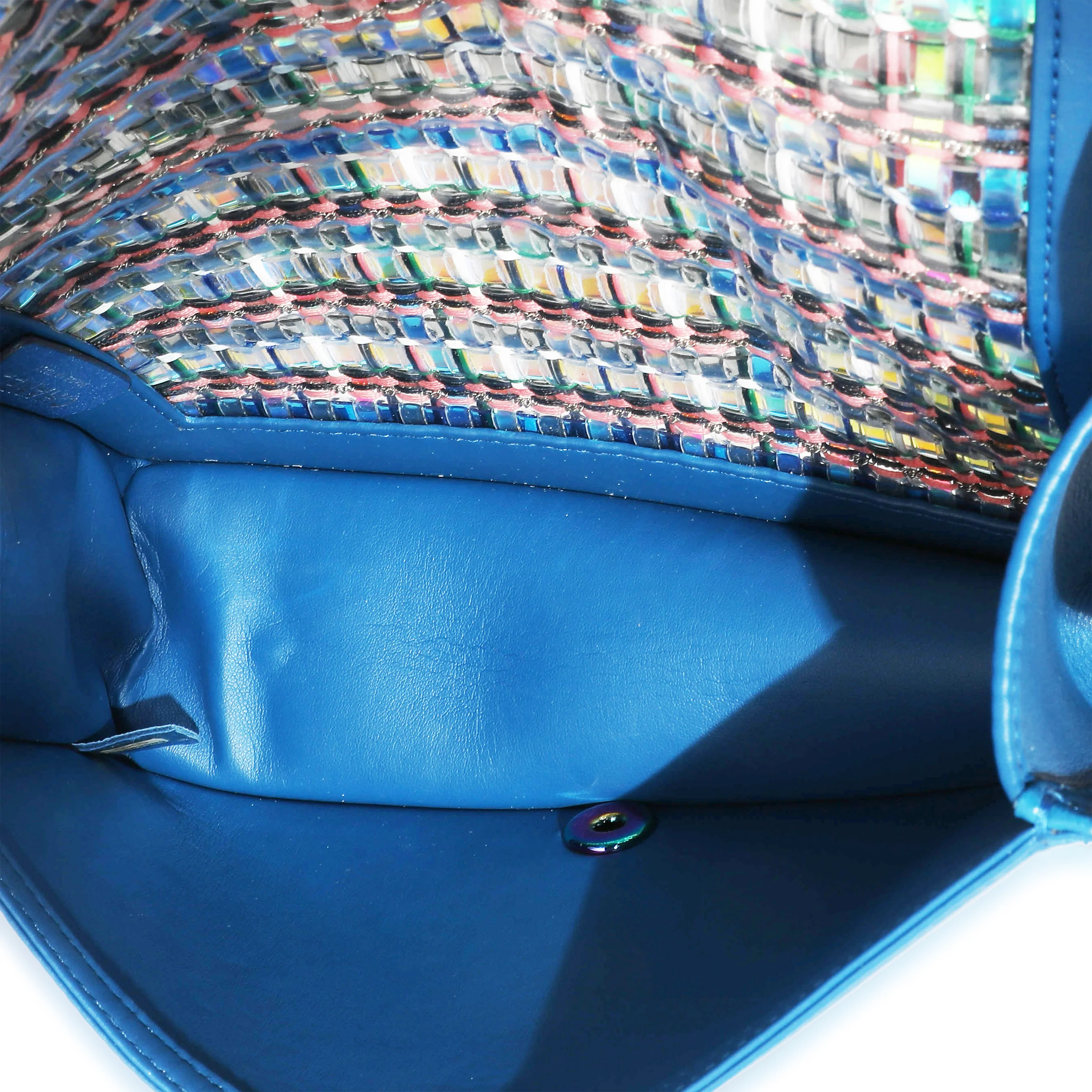 Chanel PVC Multi Colored Woven Blue Lambskin Old Medium Boy Bag - Image 6