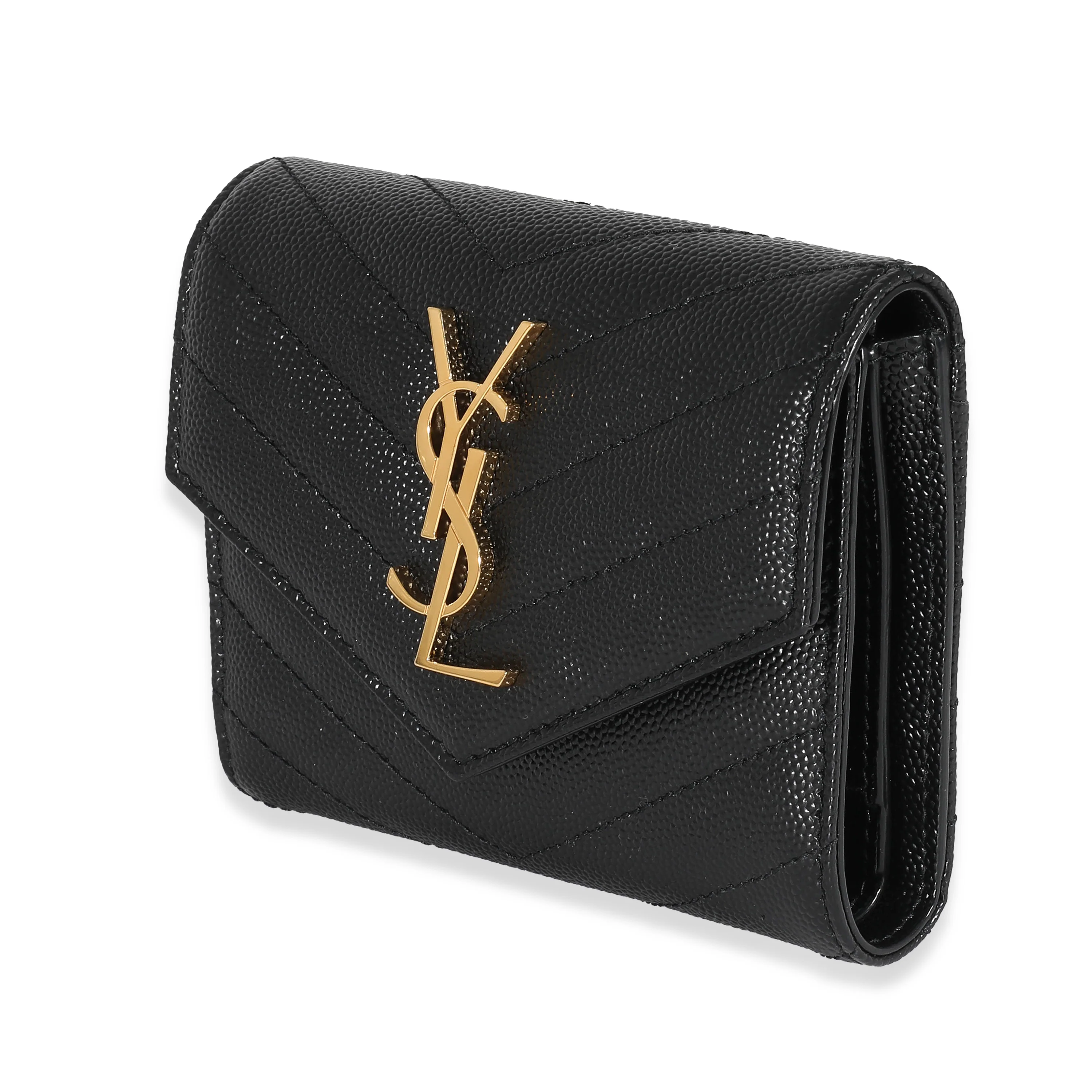 Saint Laurent Black Grain De Poudre Matelassé Cassandre Compact Trifold Wallet - Image 2