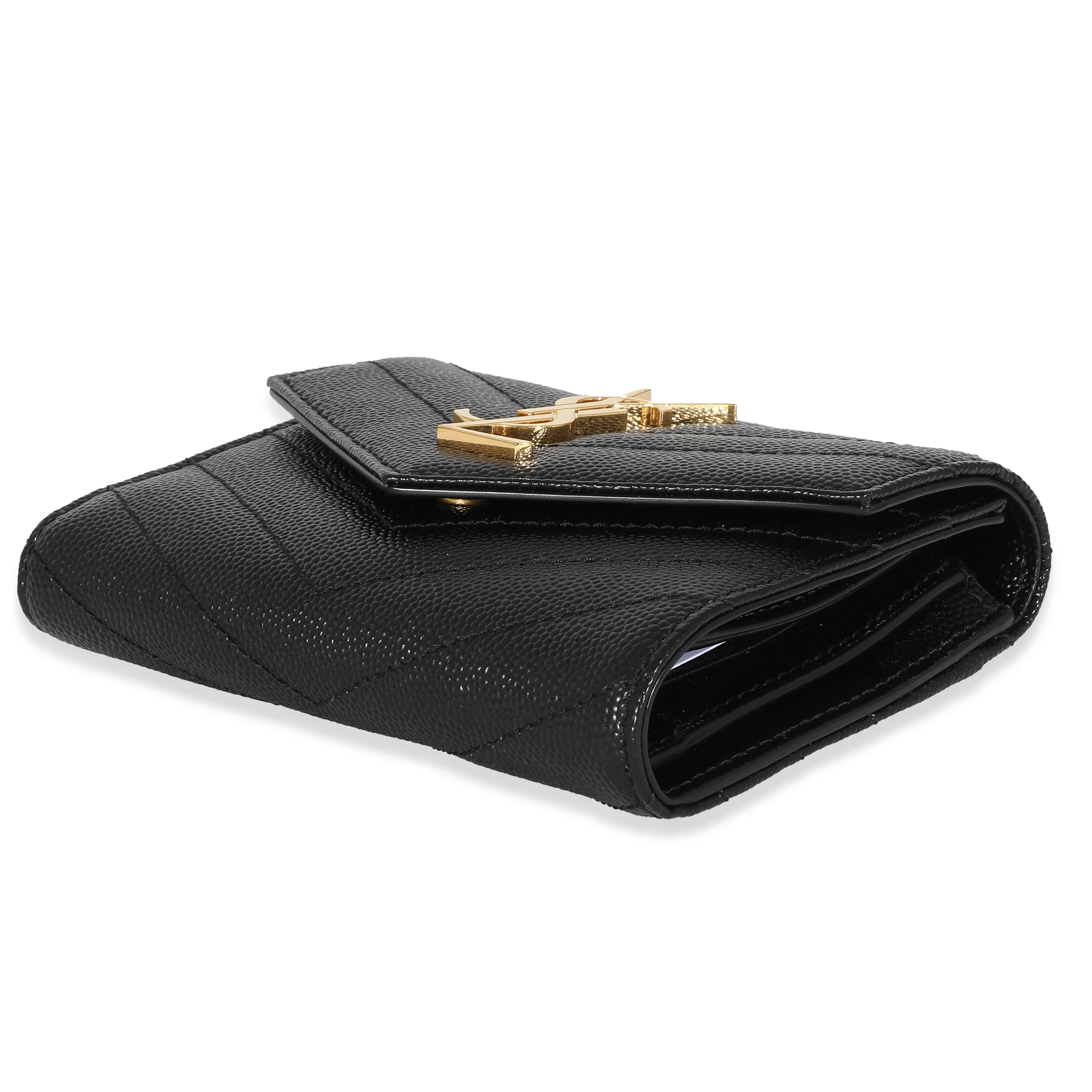 Saint Laurent Black Grain De Poudre Matelassé Cassandre Compact Trifold Wallet - Image 7
