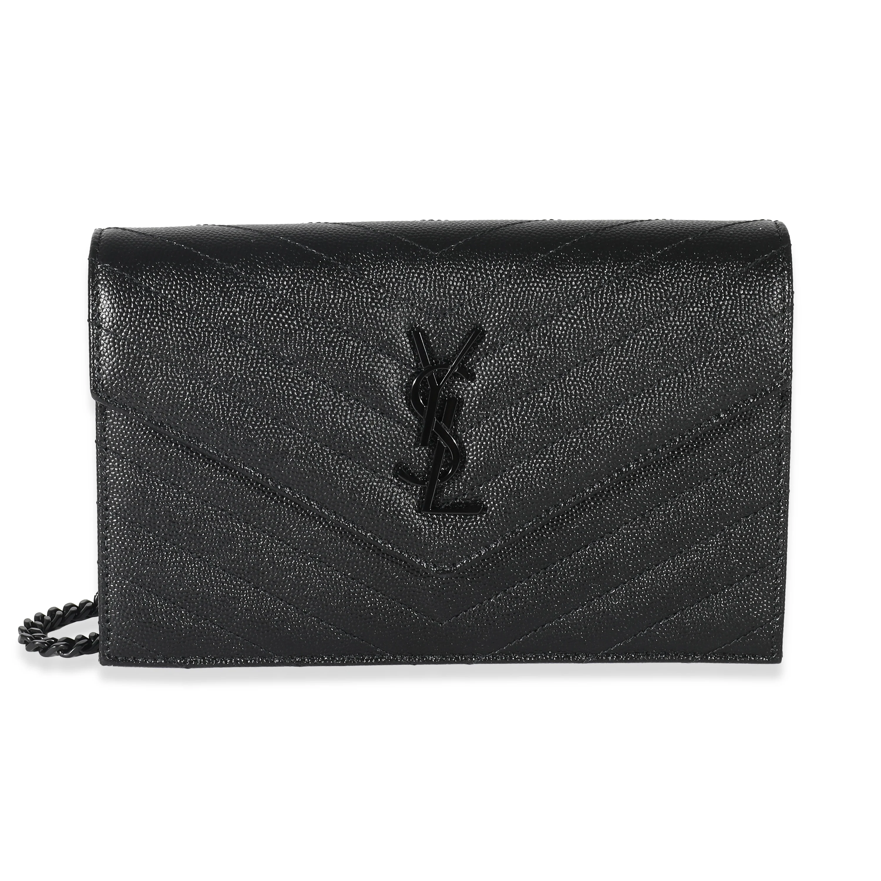 Saint Laurent Black Matelassé Grain De Poudre Cassandre Envelope Chain Wallet