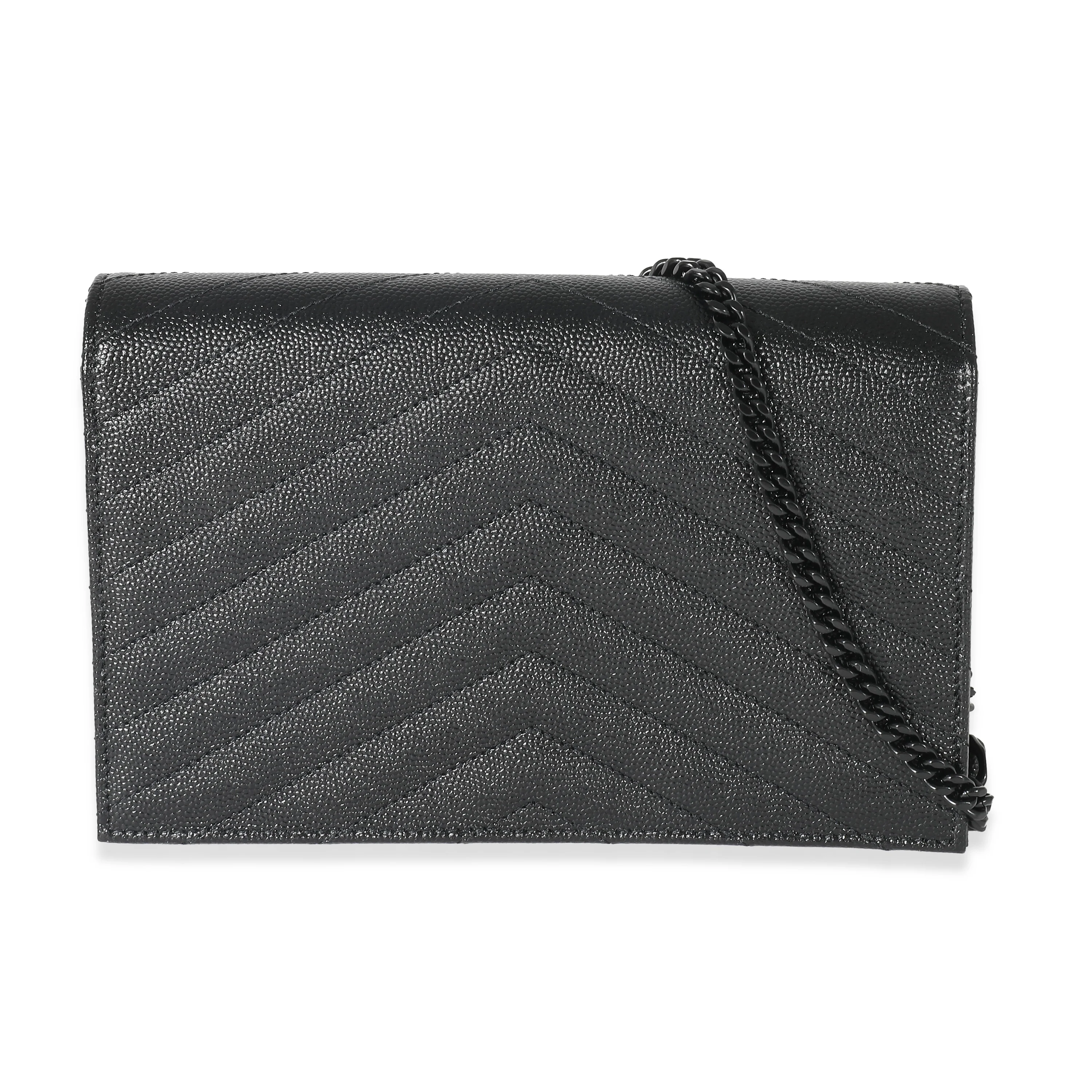 Saint Laurent Black Matelassé Grain De Poudre Cassandre Envelope Chain Wallet - Image 3