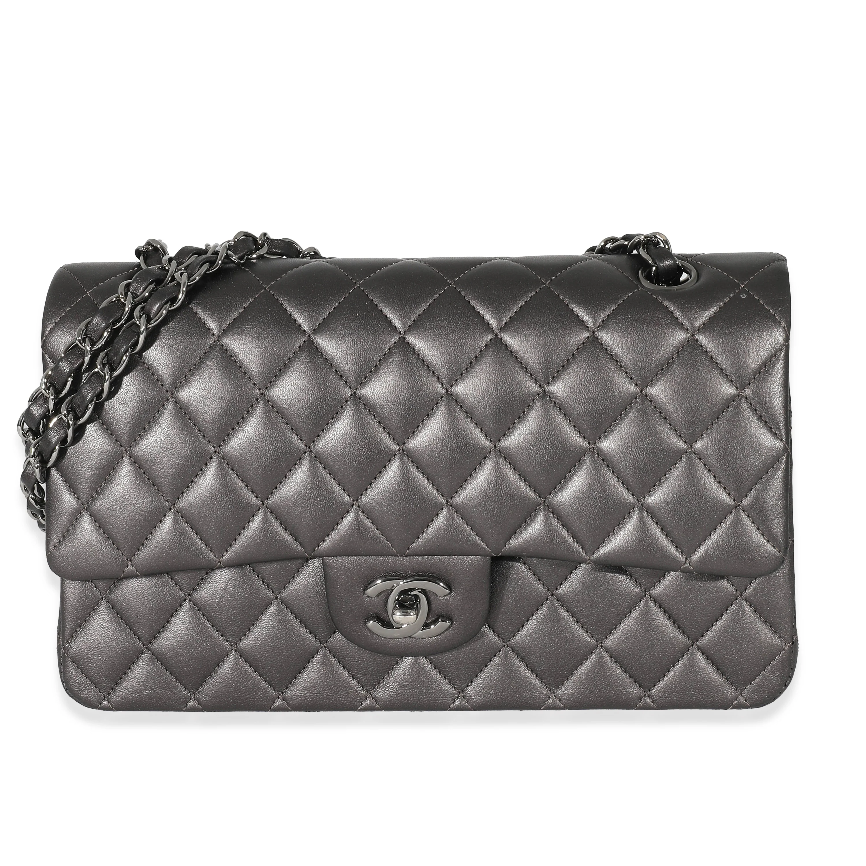 Chanel 09A Grey Metallic Lambskin Medium Classic Double Flap Bag