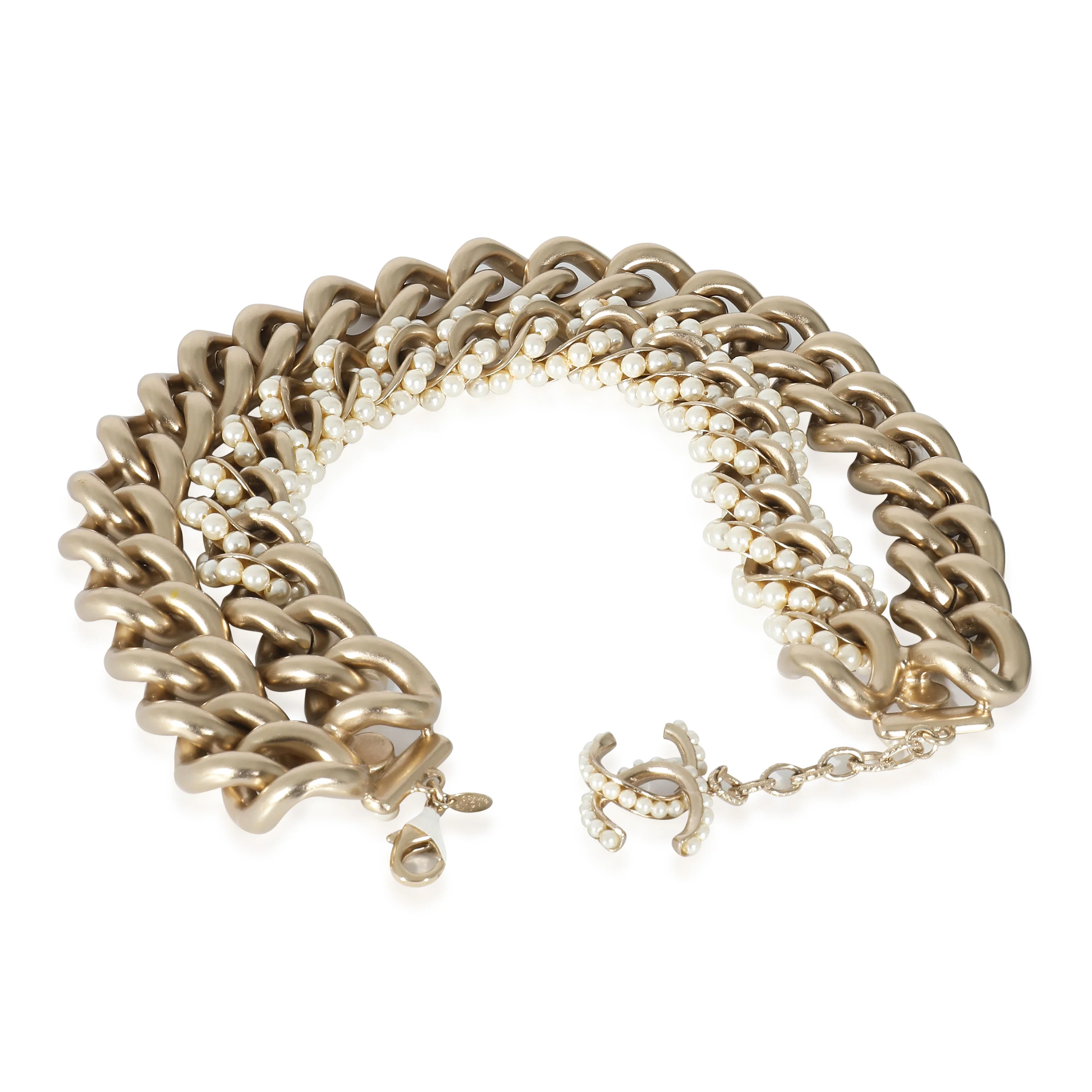 Gold Tone Chanel 2013 Double Curb Chain Choker With Faux Pearls - Image 3