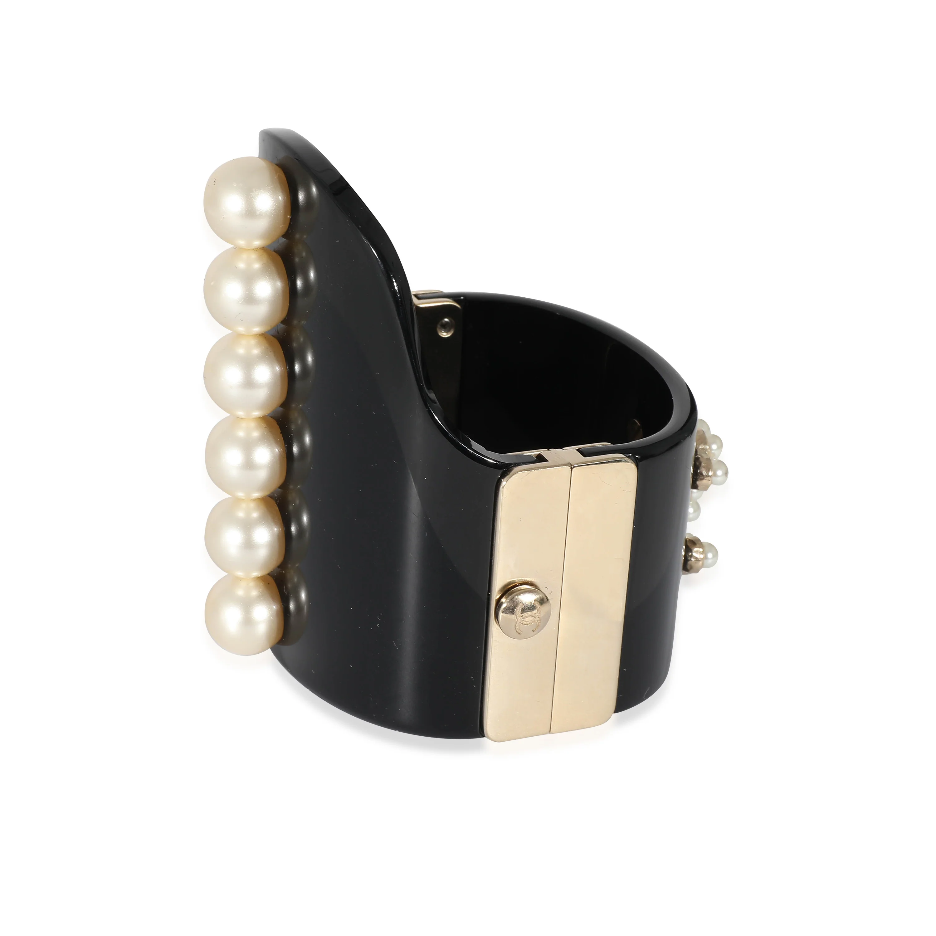2015 Gold Tone Resin Hinged Bangle Bracelet With Faux Pearls - Image 2