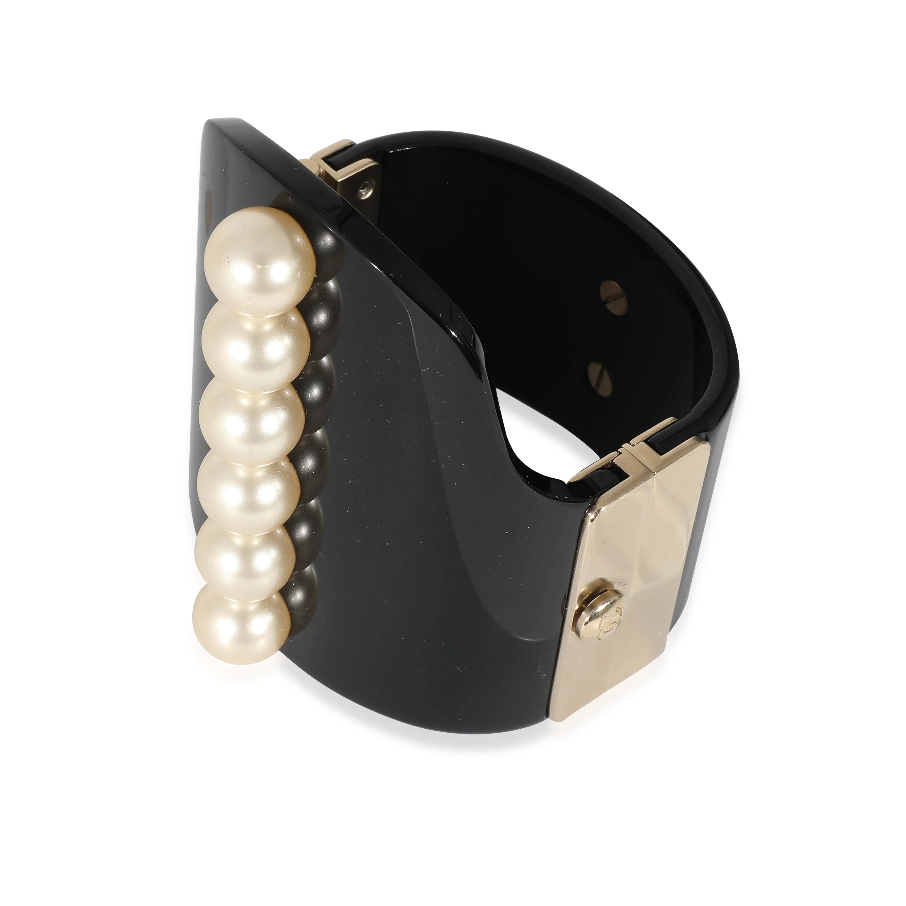 2015 Gold Tone Resin Hinged Bangle Bracelet With Faux Pearls - Image 4