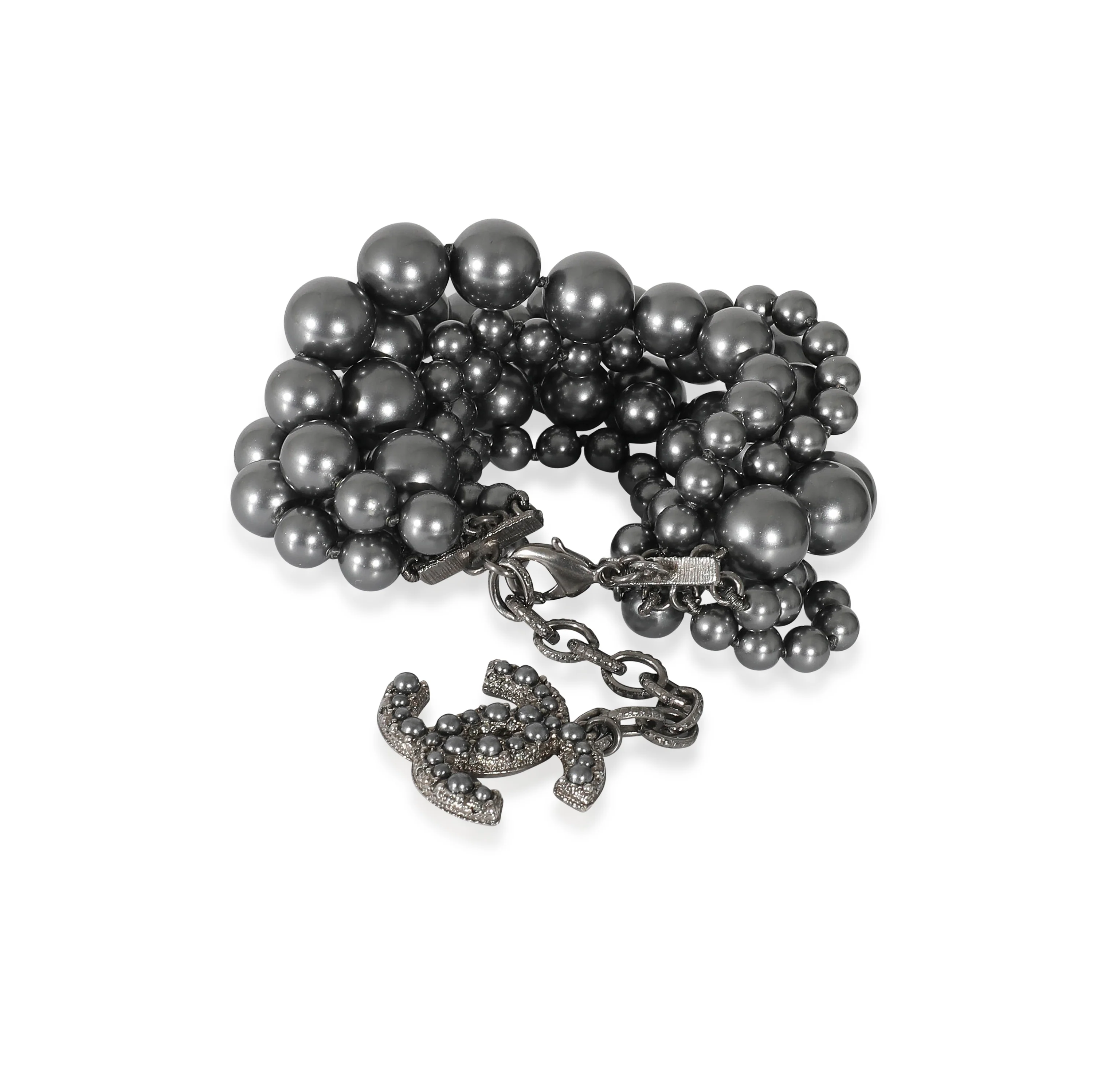 Chanel 2014 Grey Faux Pearl Multi Strand Bracelet With CC Charm in Ruthenium - Image 3