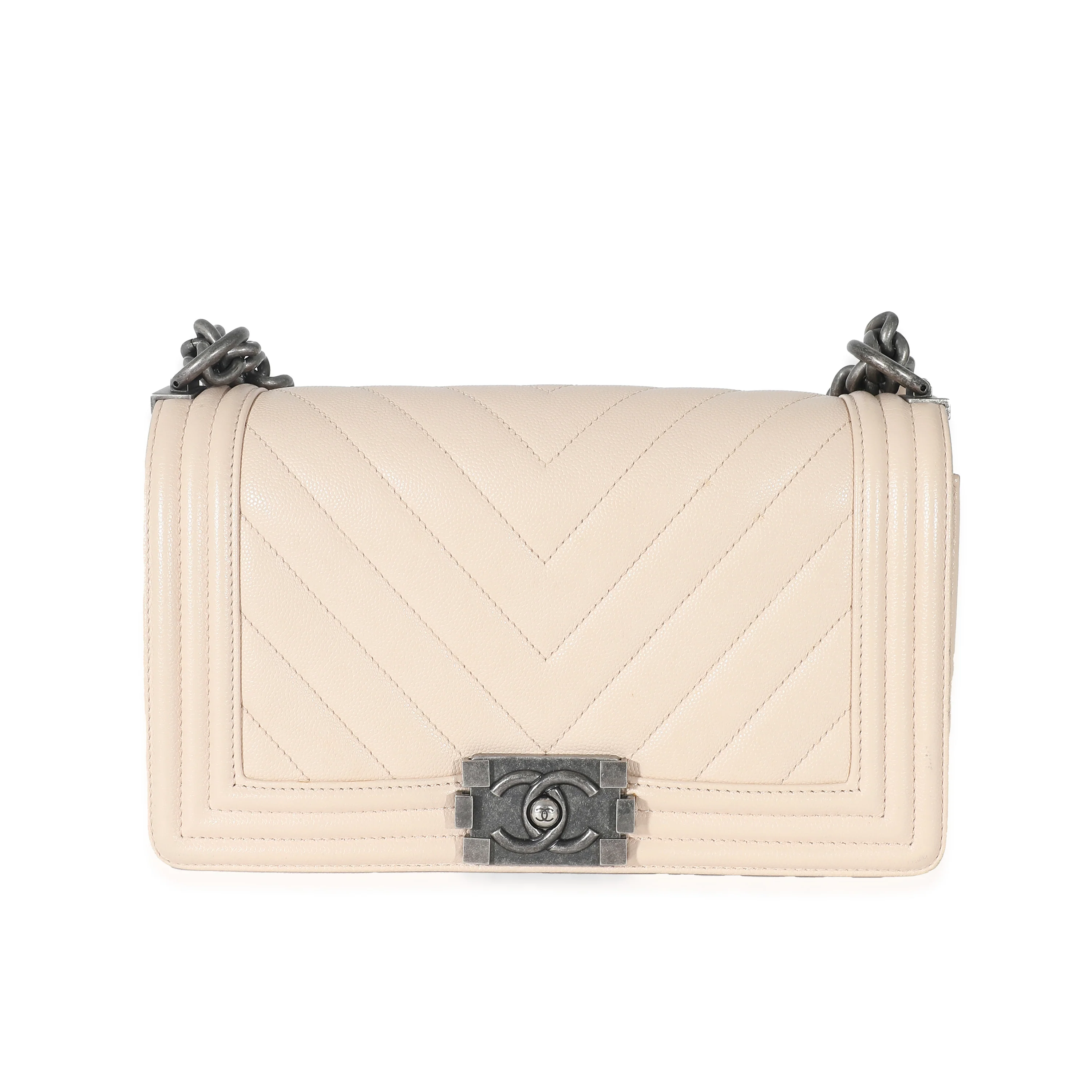 Light Beige Chevron Quilted Caviar Leather Medium Boy Handbag