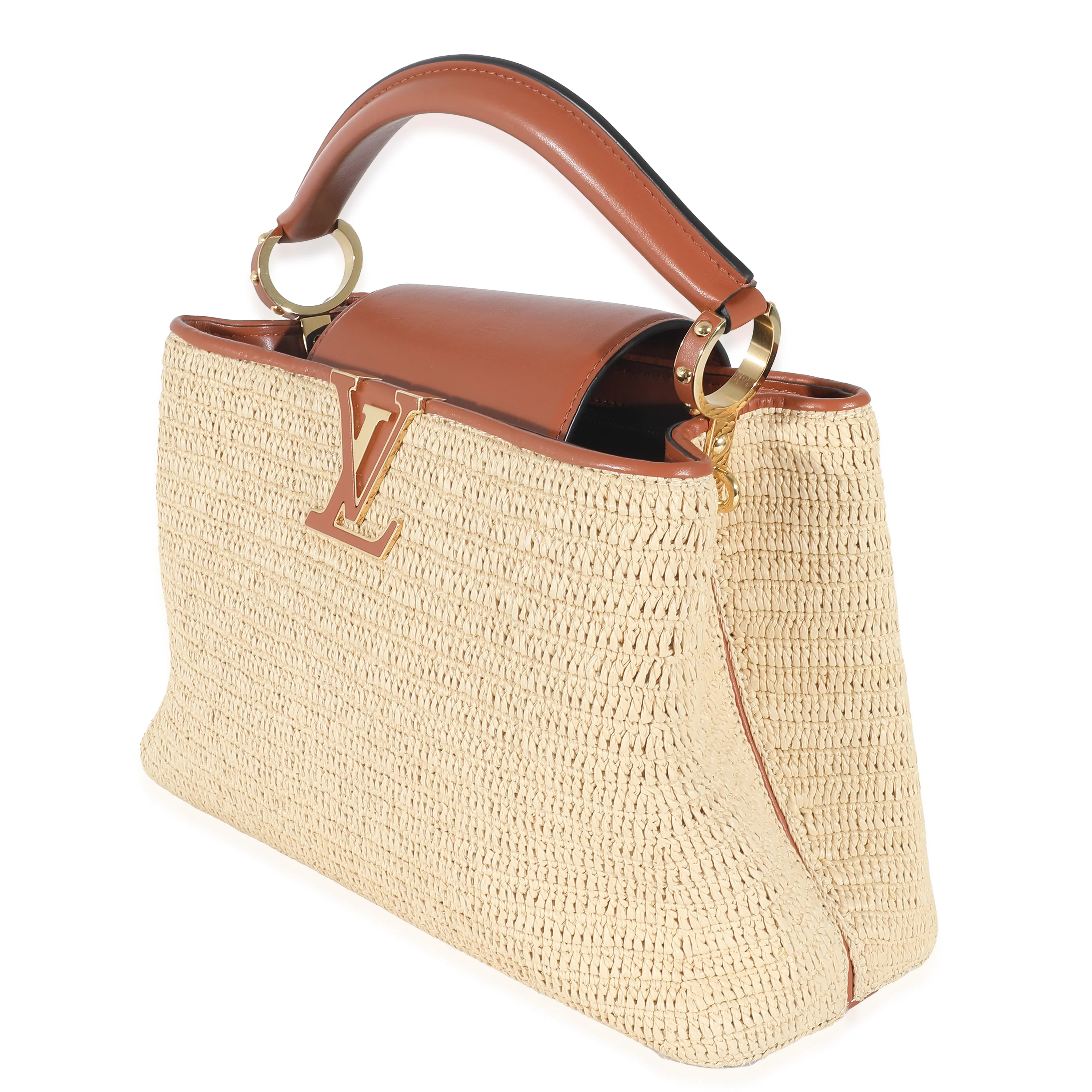 Caramel Leather & Beige Raffia Capucines MM - Image 2