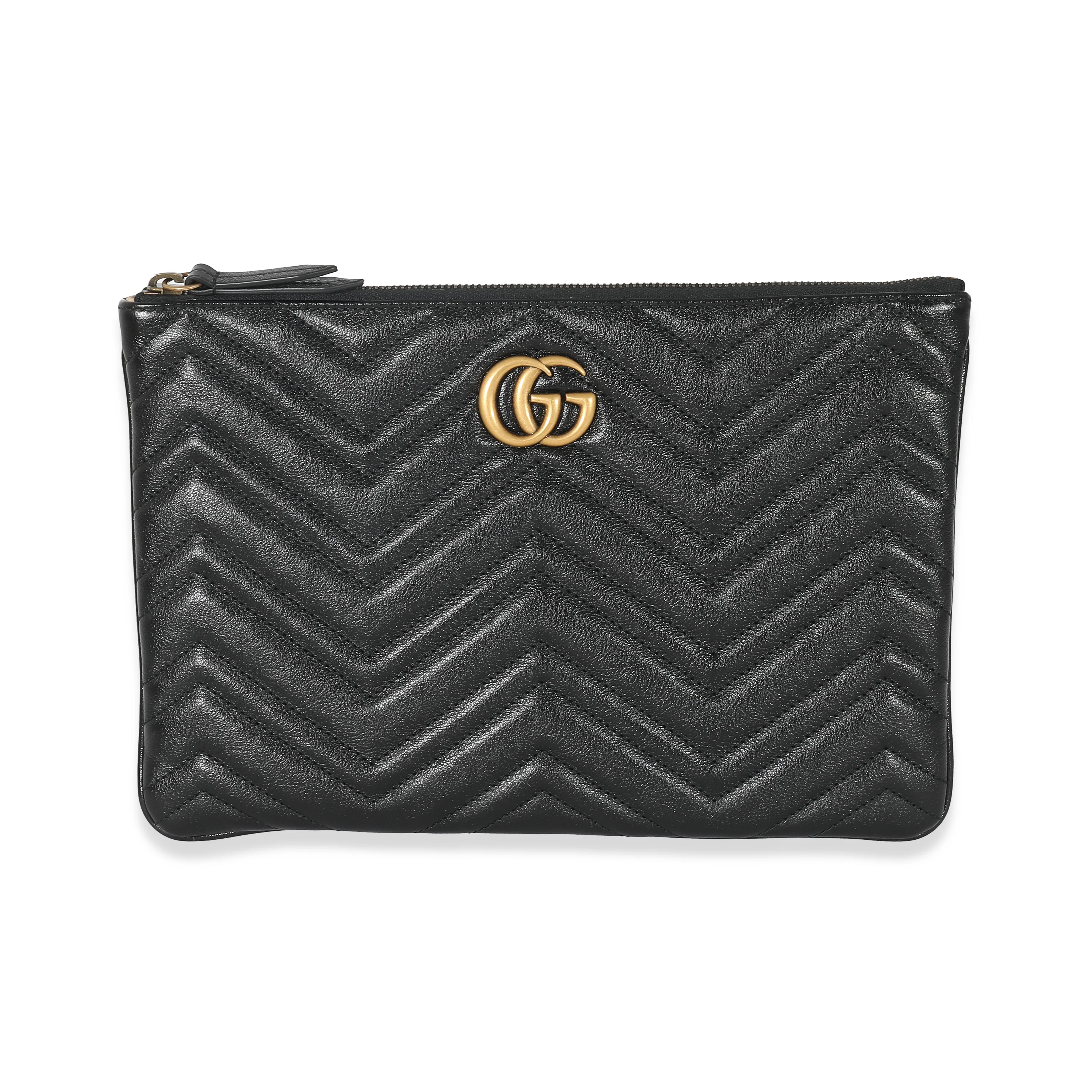 Gucci Black Calfskin Matelassé GG Marmont Zip Pouch