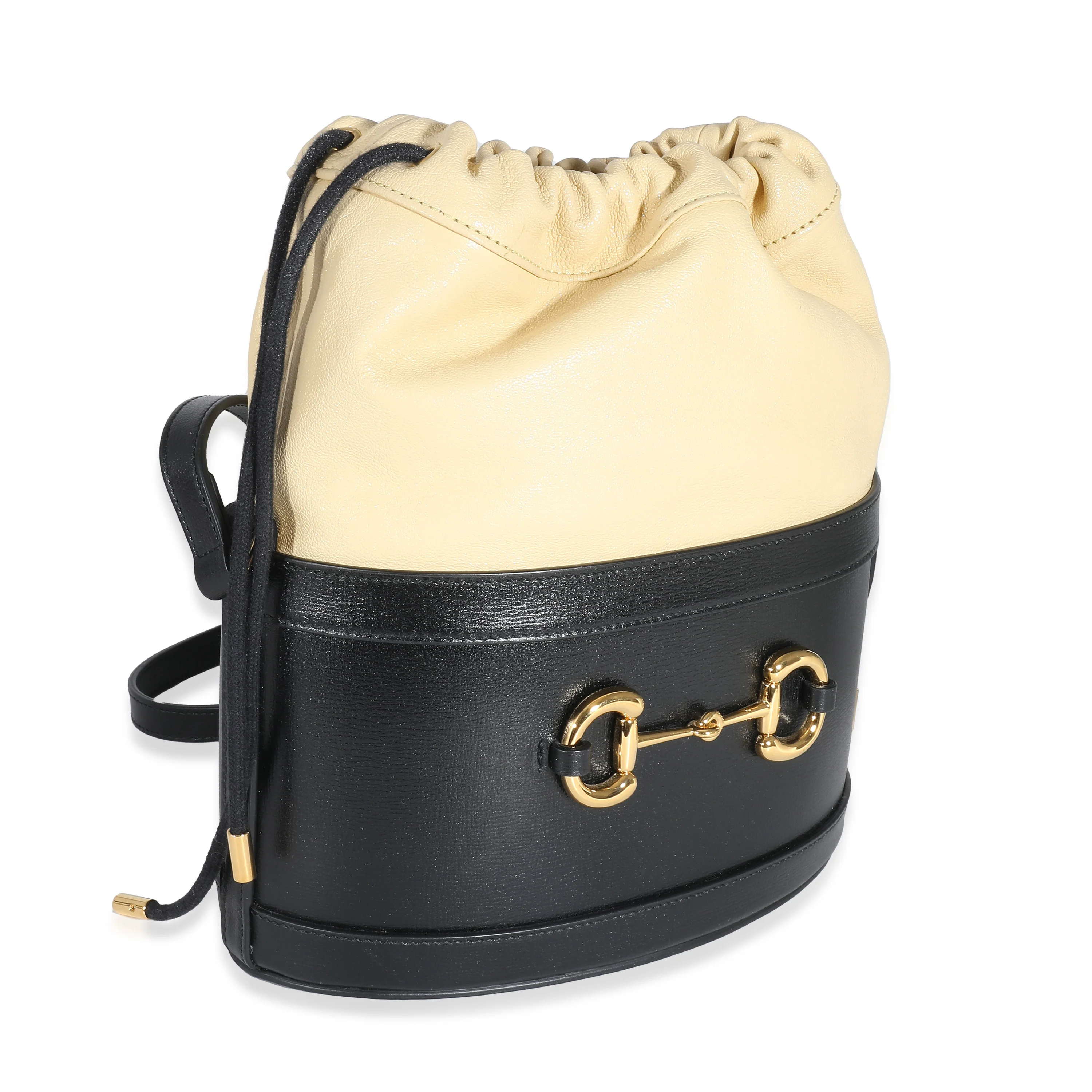 Black Beige Calfskin Horsebit 1955 Drawstring Bucket Bag - Image 3