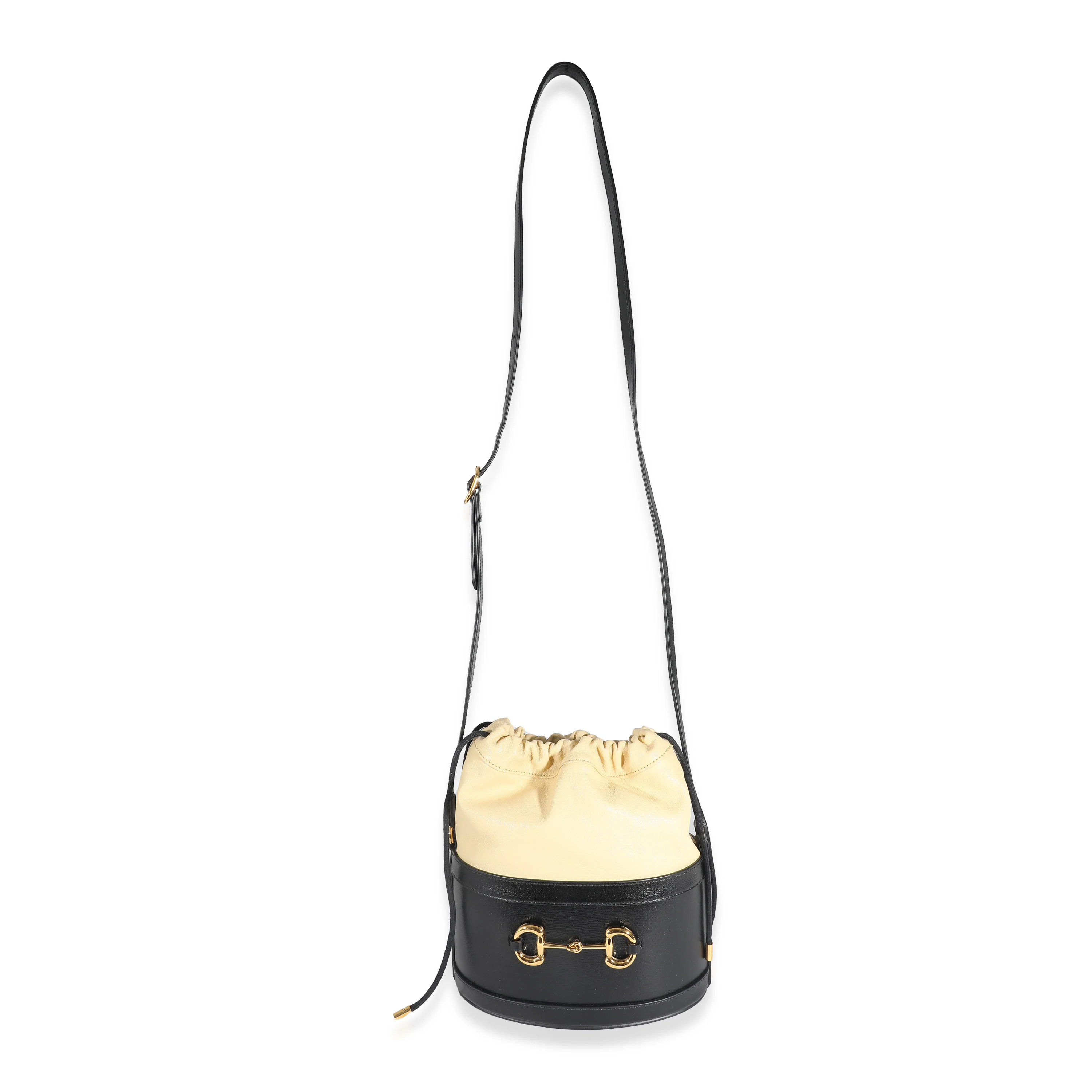 Black Beige Calfskin Horsebit 1955 Drawstring Bucket Bag - Image 8