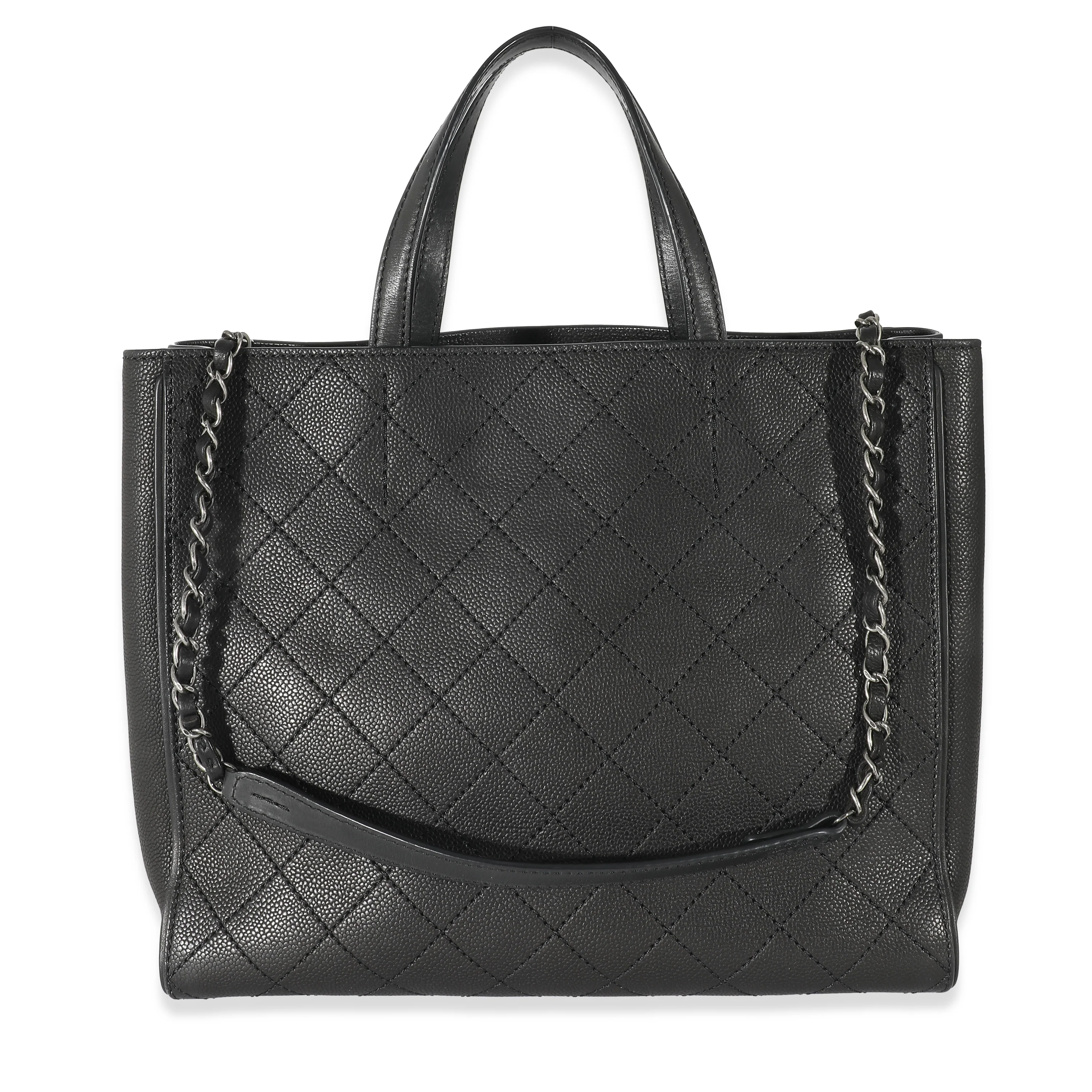 Chanel Black Stitched Grained Calfskin Hamptons Tote - Image 3