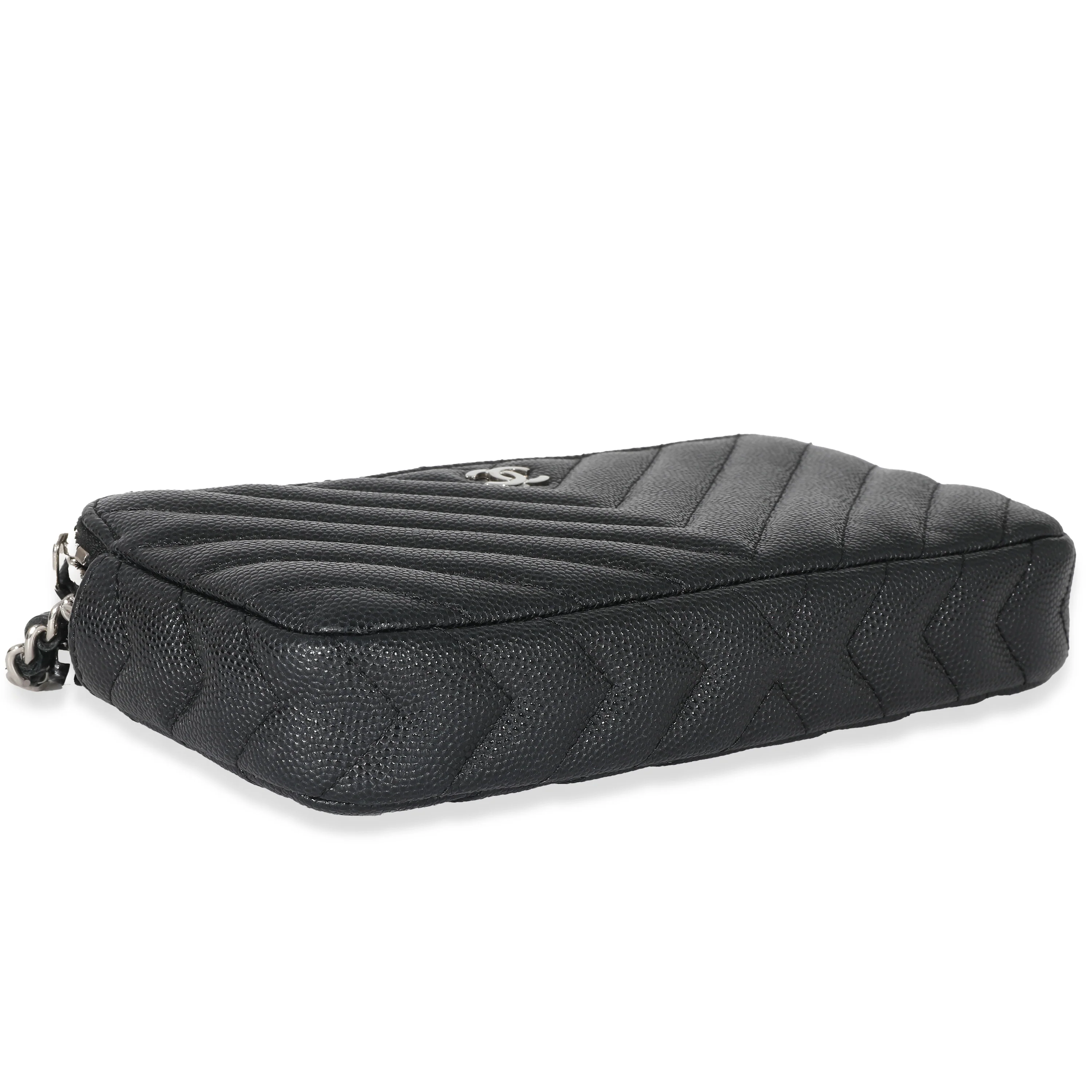 Chanel 17S Black Caviar Chevron Double Zip Chain Clutch - Image 6