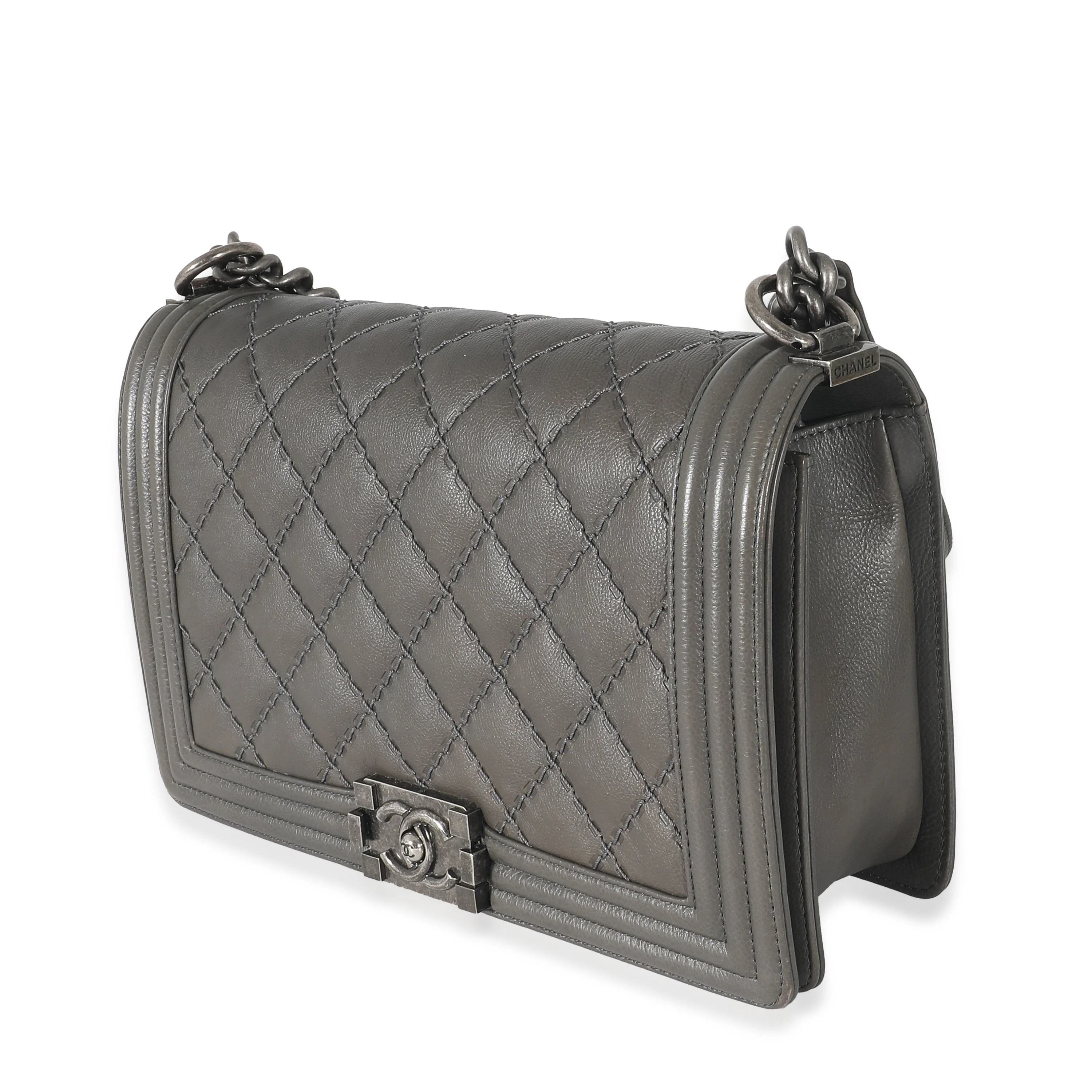 Chanel Grey Calfskin Whipstitch New Medium Boy Bag - Image 3