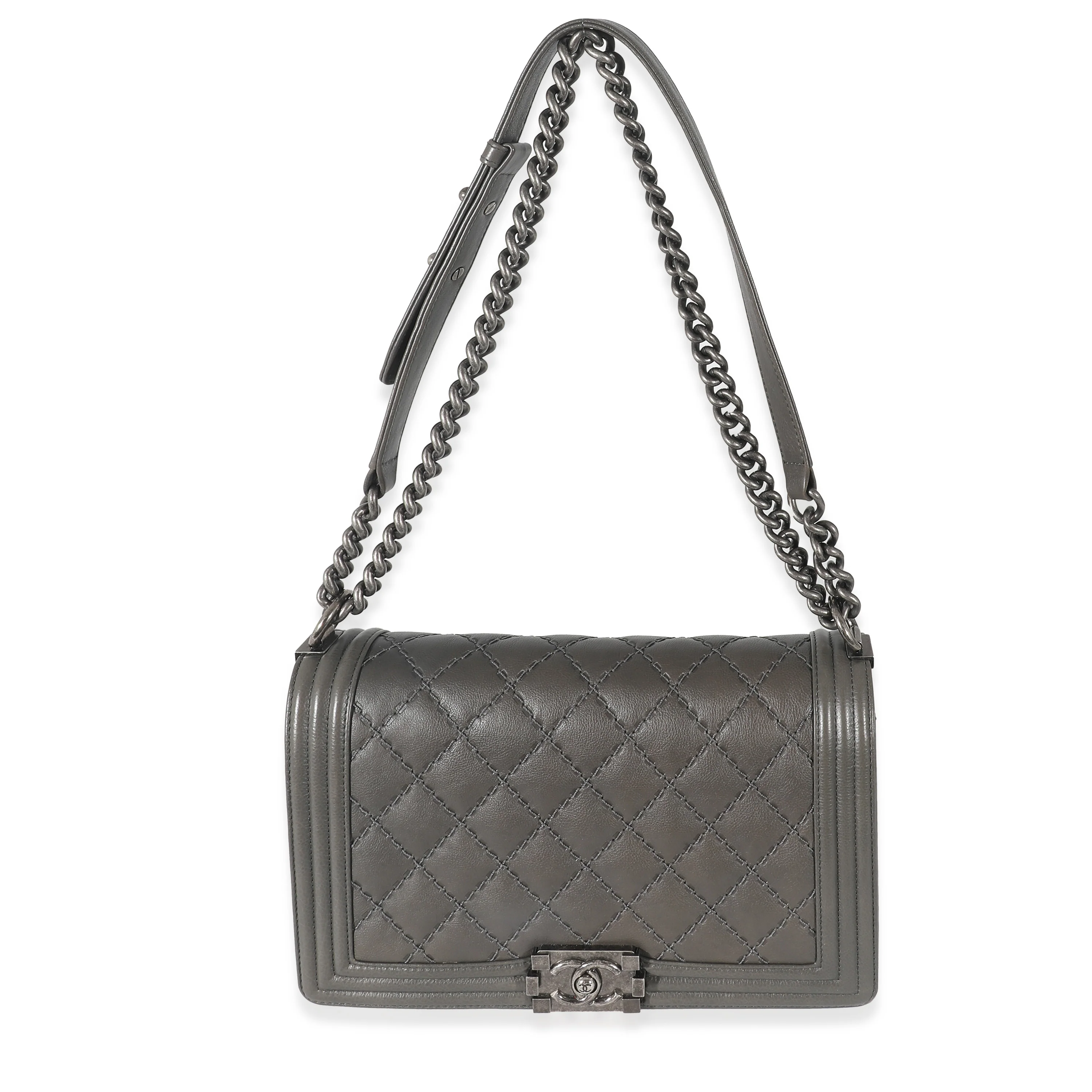 Chanel Grey Calfskin Whipstitch New Medium Boy Bag - Image 8