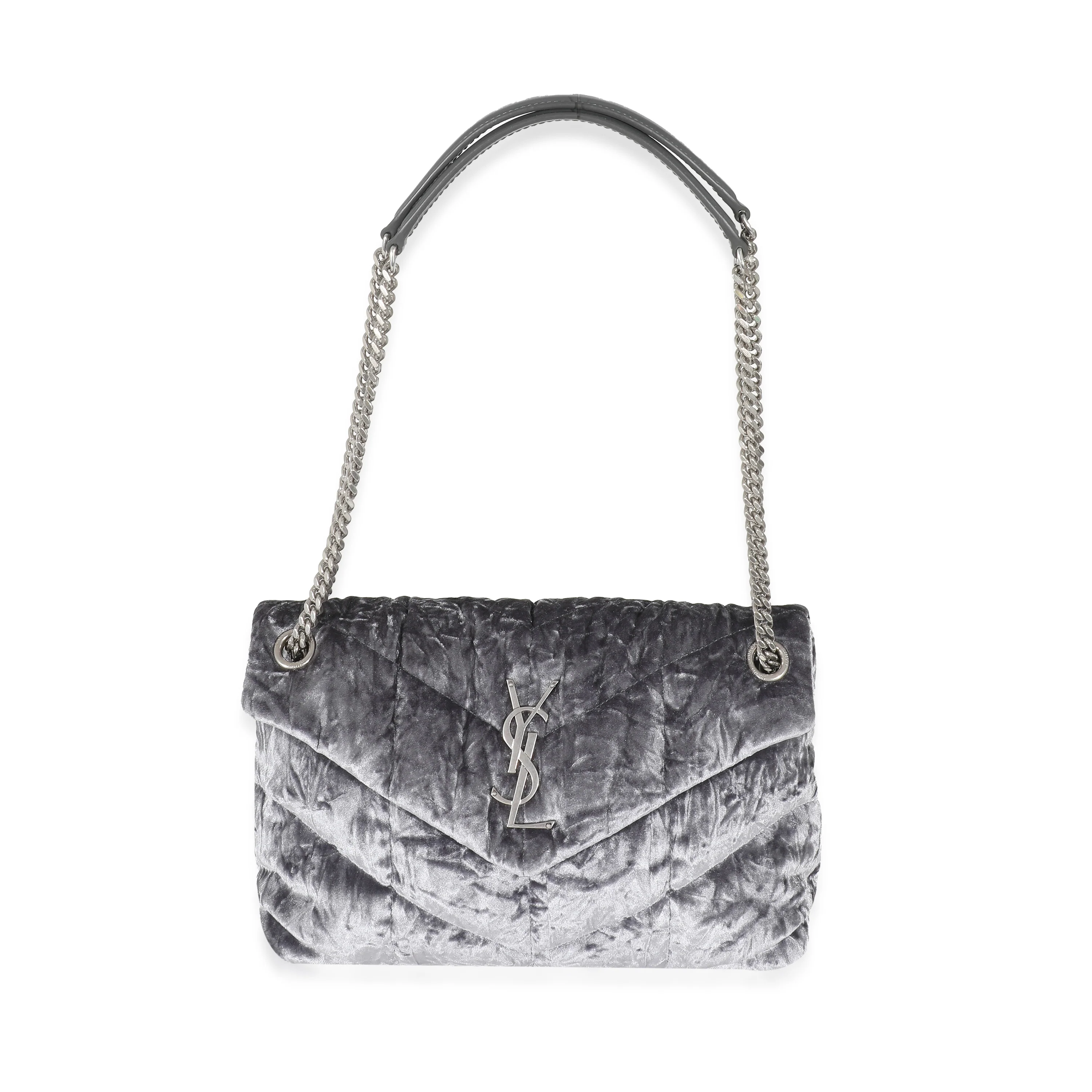 Saint Laurent Iron Grey Crushed Velvet Small Loulou Puffer Bag - Image 4