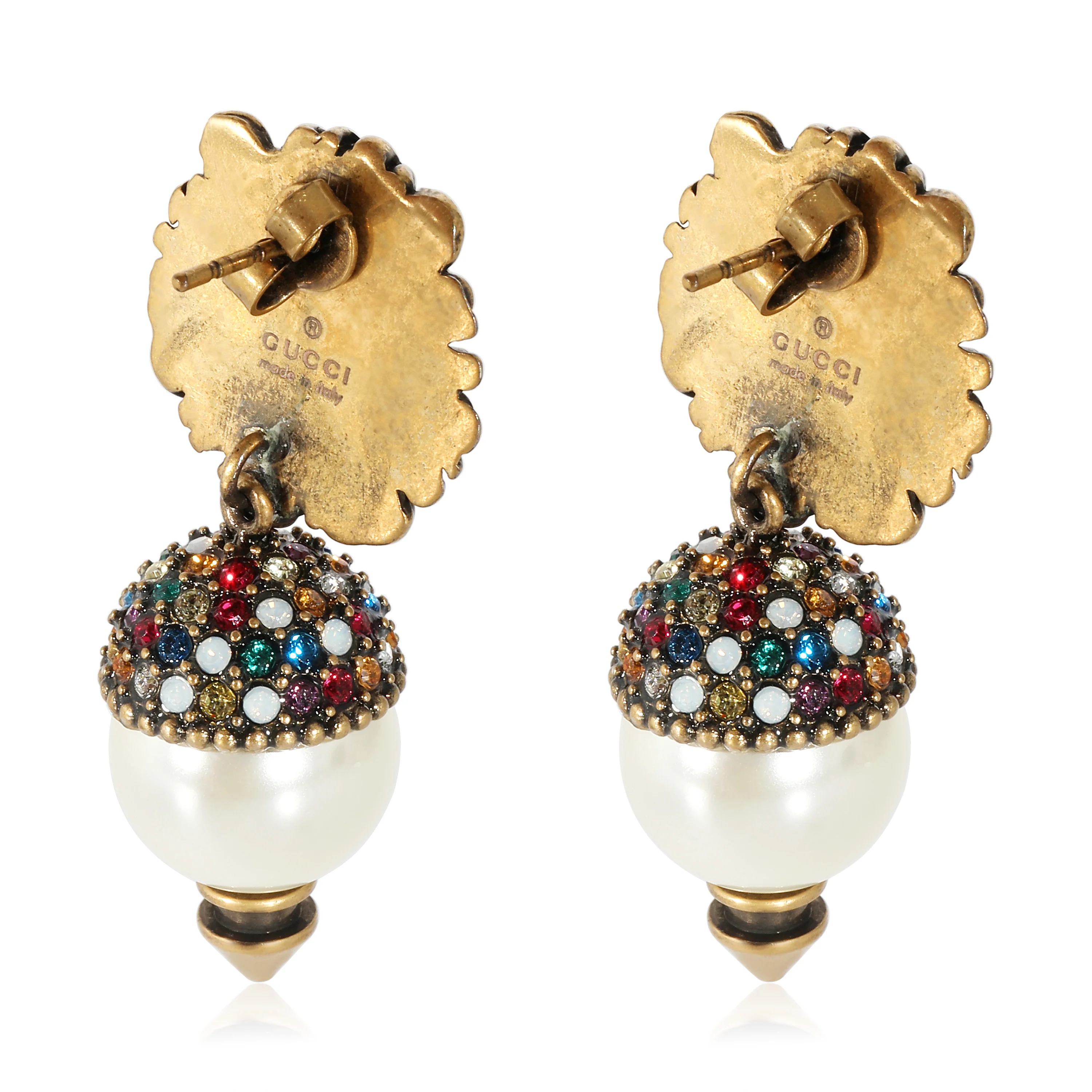 Gucci Lion Head Faux Pearl & Crystal Brass Tone Drop Earrings - Image 3