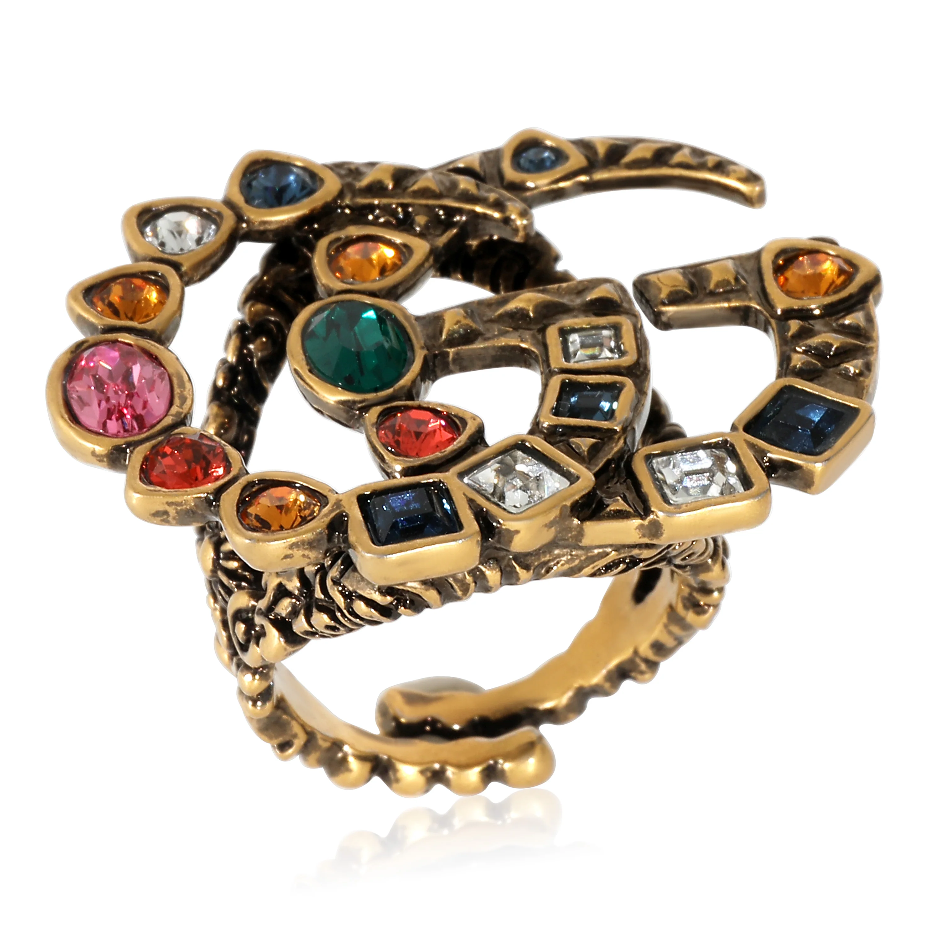 Gucci Double GG Crystals Brass Tone Ring - Image 4