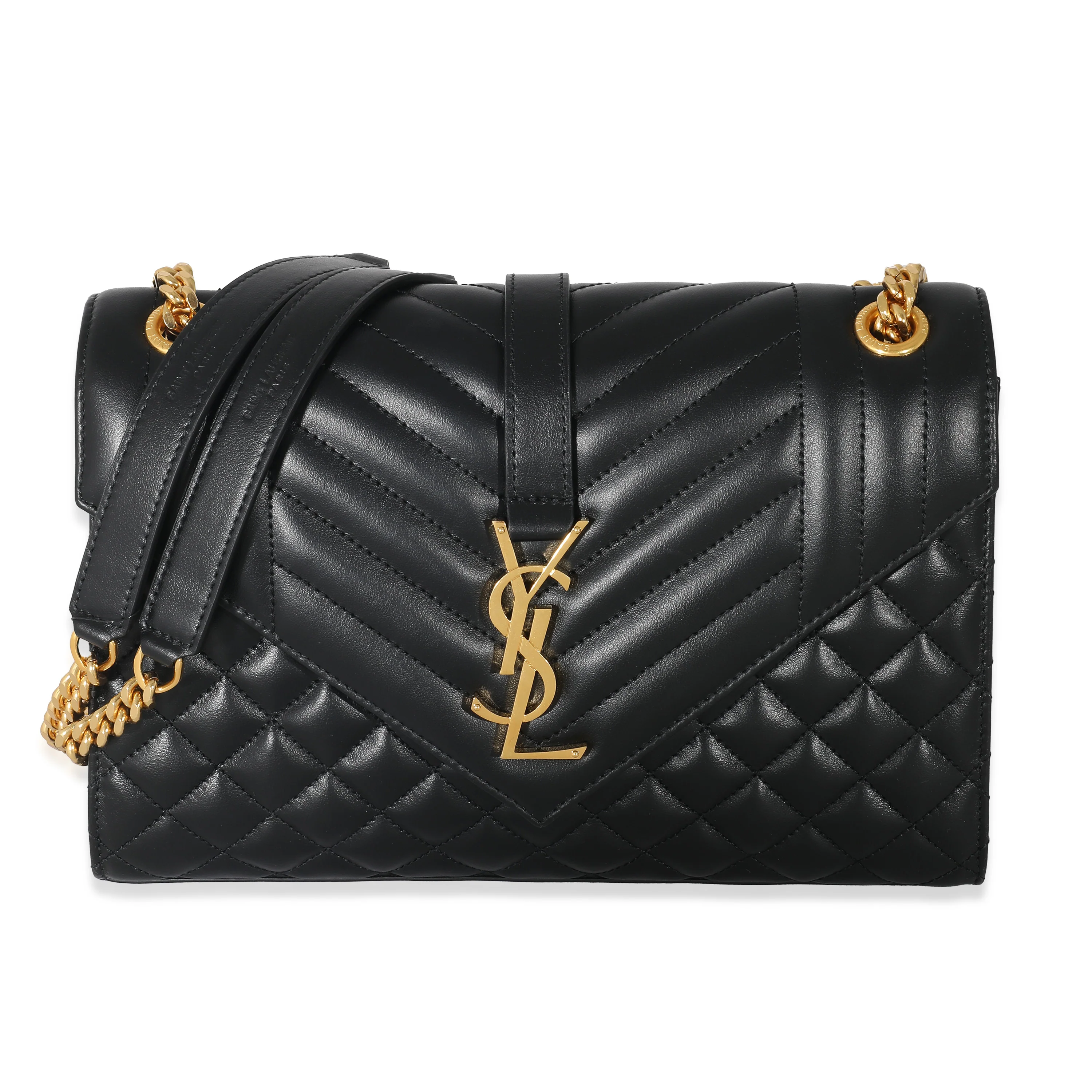 Saint Laurent Black Matelasse Triquilt Medium Monogram Envelope Chain Bag