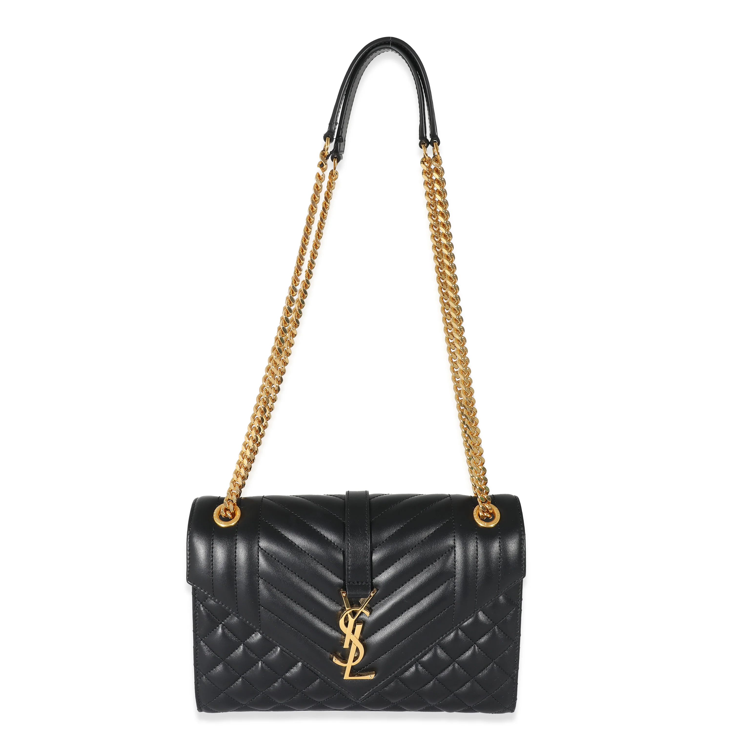 Saint Laurent Black Matelasse Triquilt Medium Monogram Envelope Chain Bag - Image 4