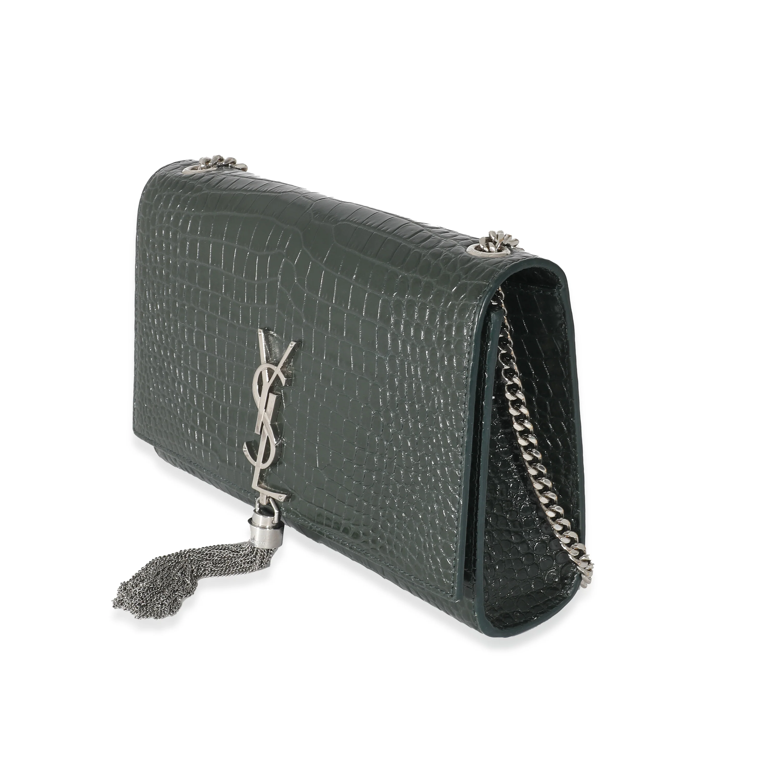 Saint Laurent Green Croc Embossed Medium Kate Tassel Bag - Image 2