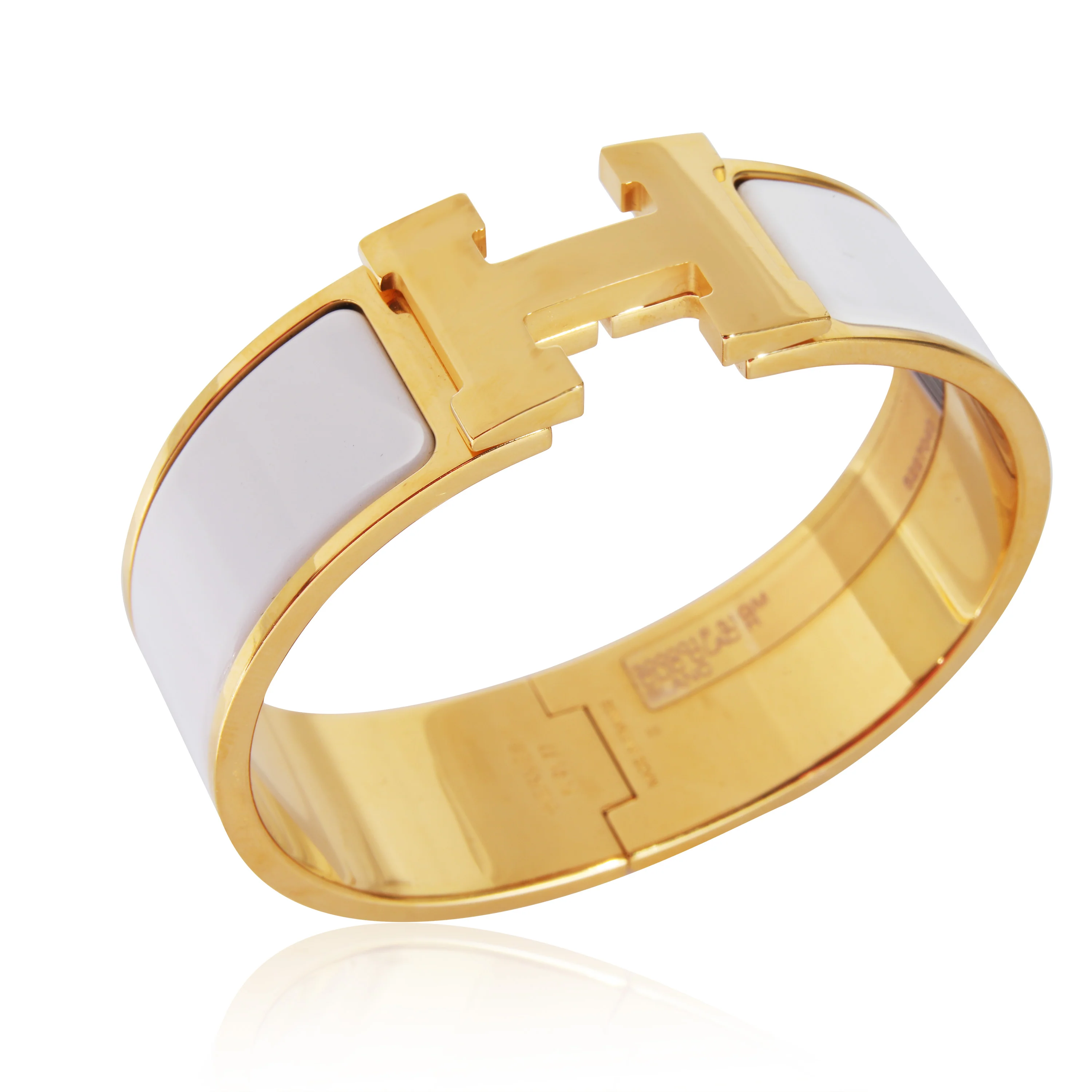 Gold Plated Hermès Clic Clac H Bracelet in Blanc - Image 3