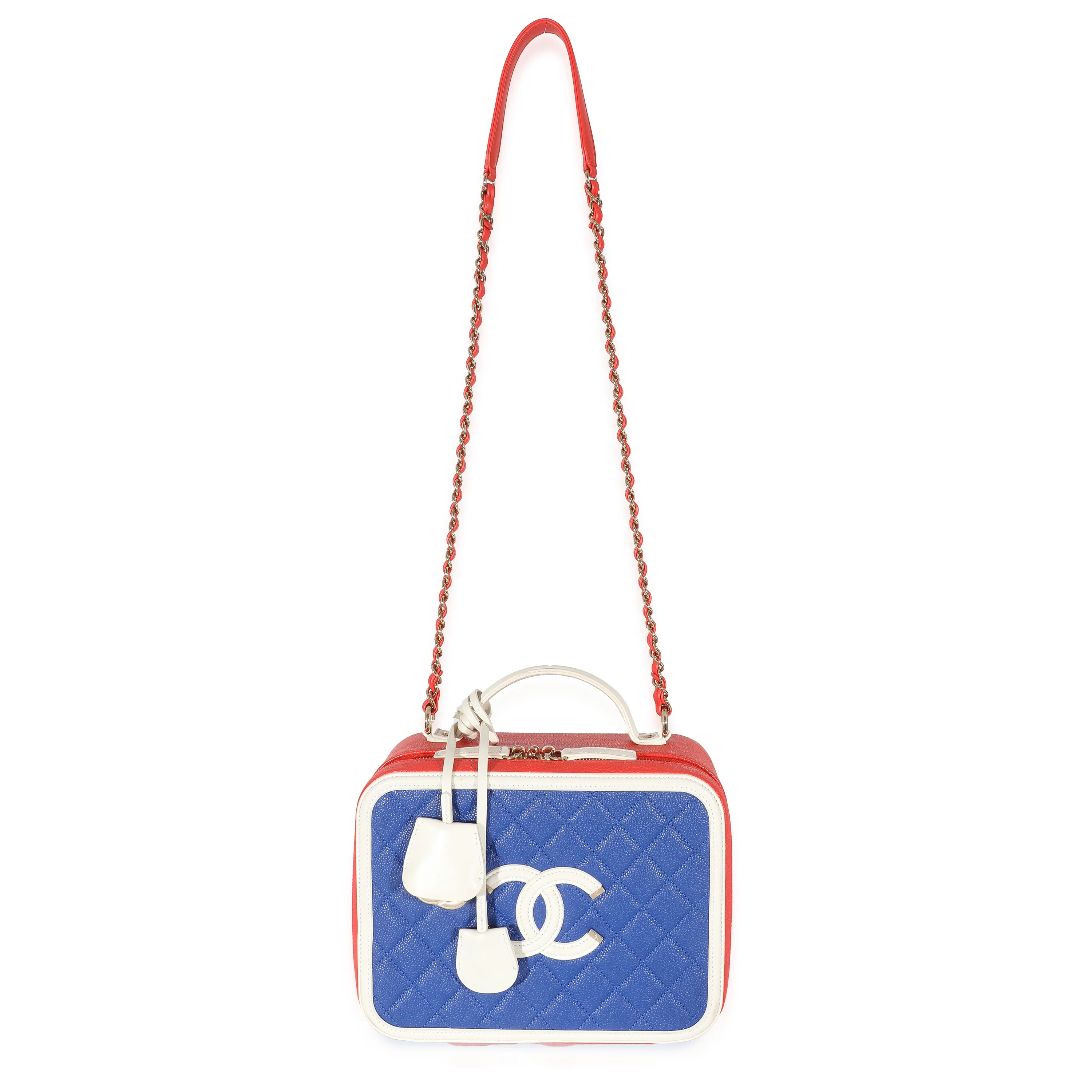 Chanel Red White Blue Quilted Caviar Large Filigree Vanity Case - Image 4