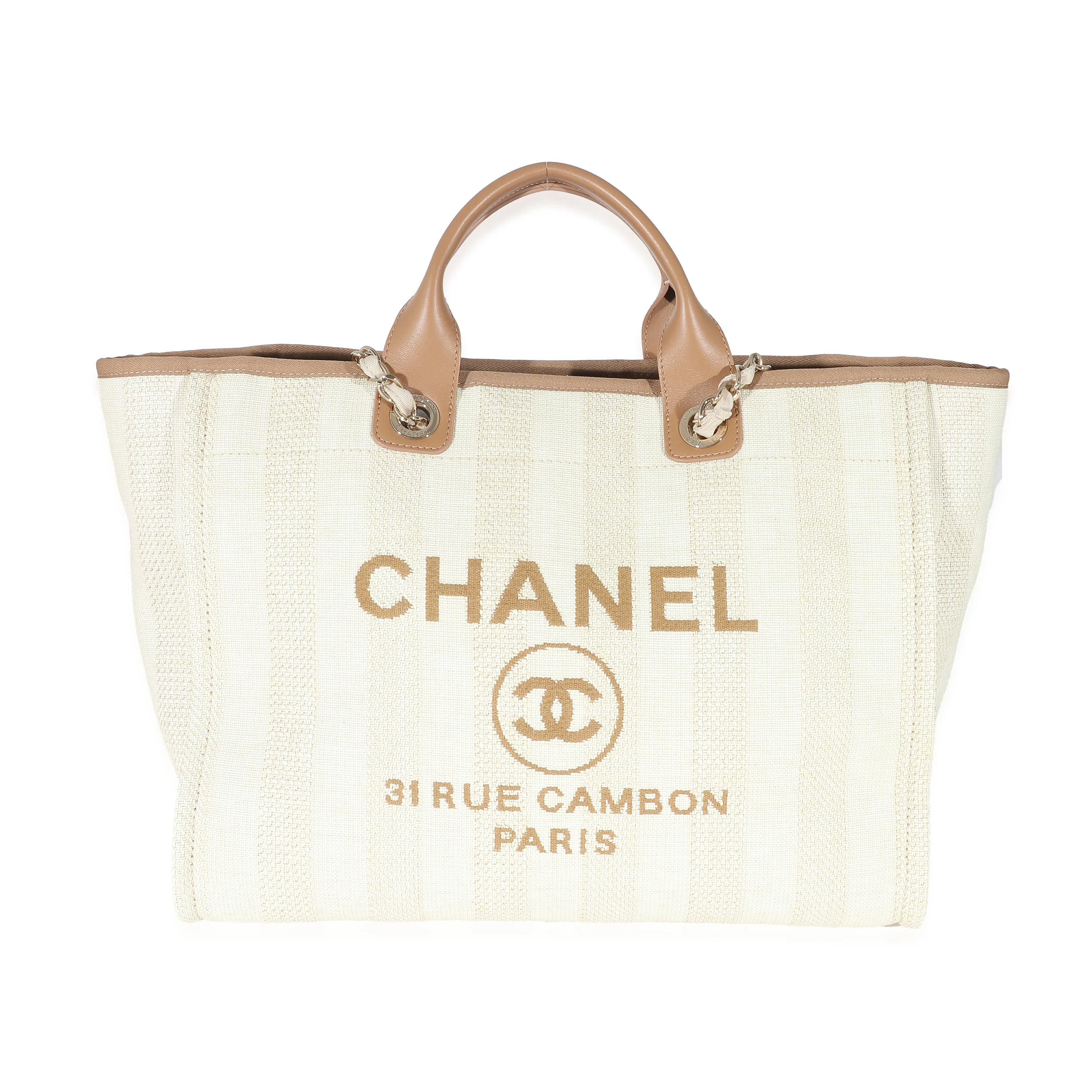 Chanel Beige Brown Mixed Fibers Stripe Large Deauville Tote