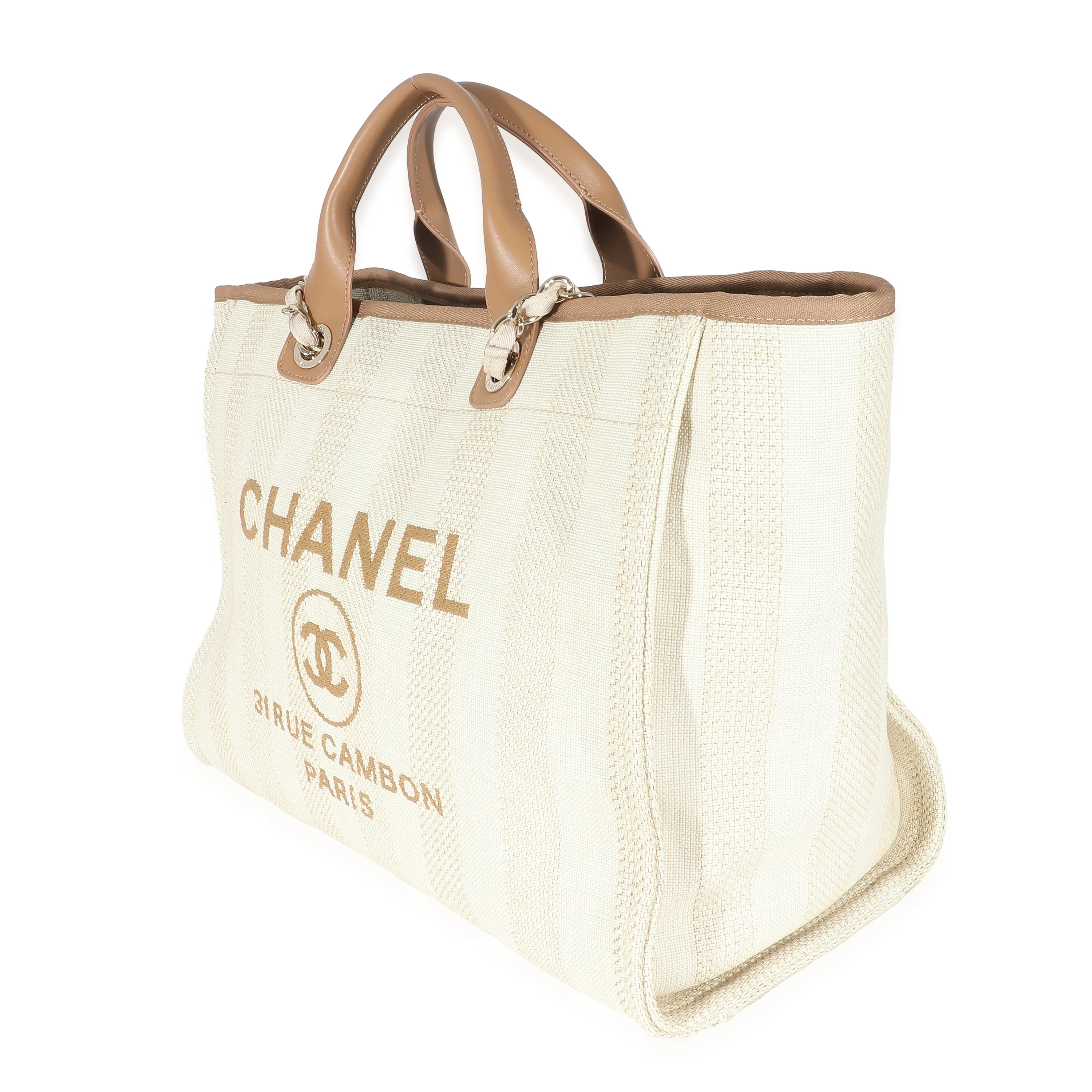 Chanel Beige Brown Mixed Fibers Stripe Large Deauville Tote - Image 2