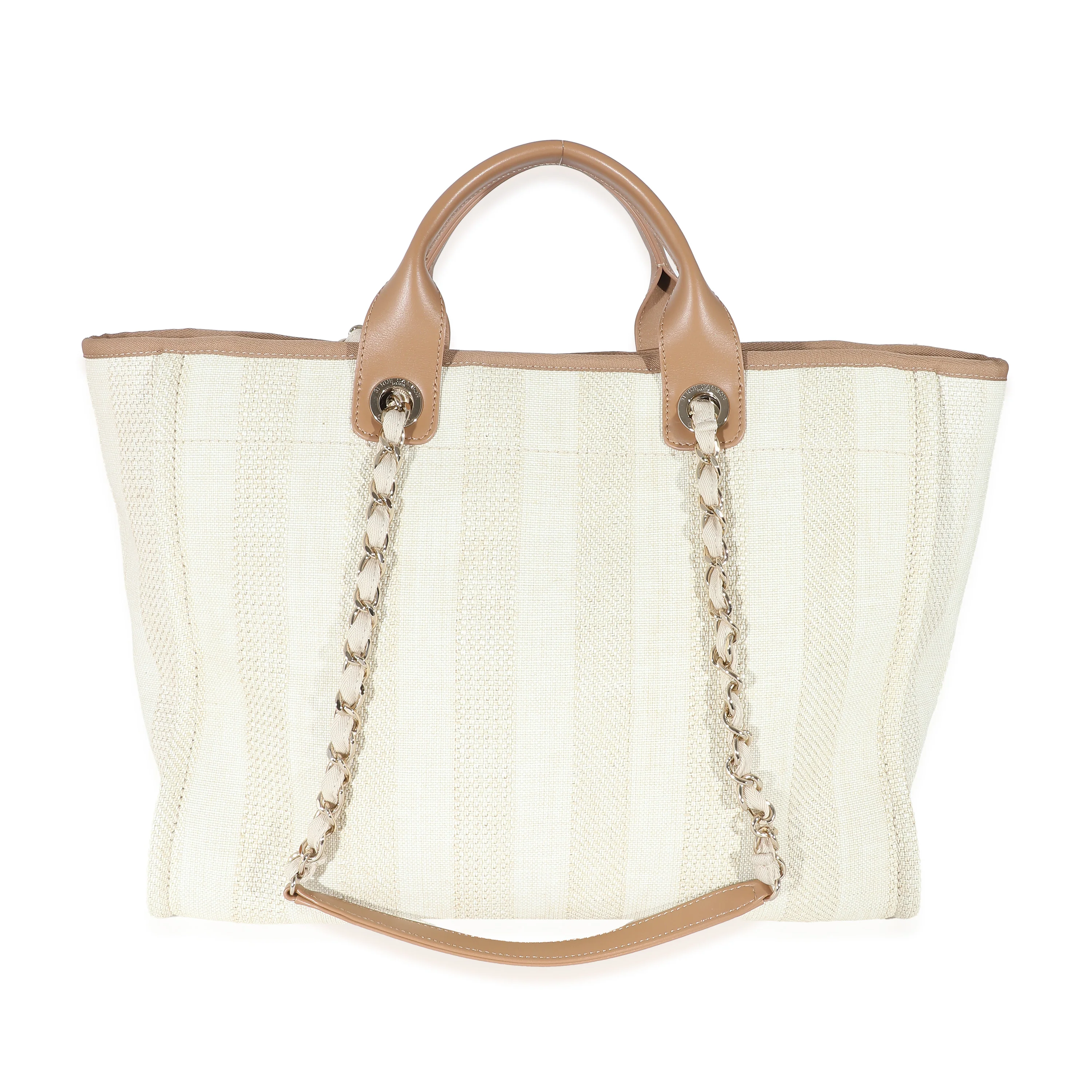Chanel Beige Brown Mixed Fibers Stripe Large Deauville Tote - Image 3