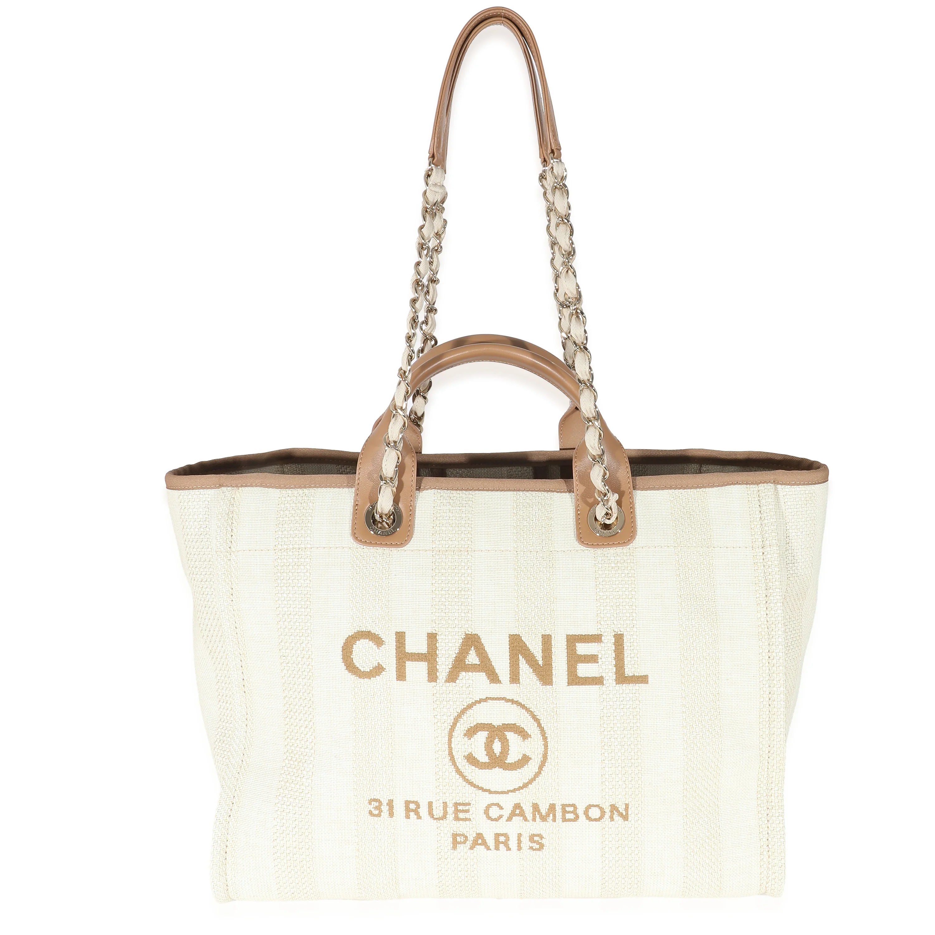 Chanel Beige Brown Mixed Fibers Stripe Large Deauville Tote - Image 5