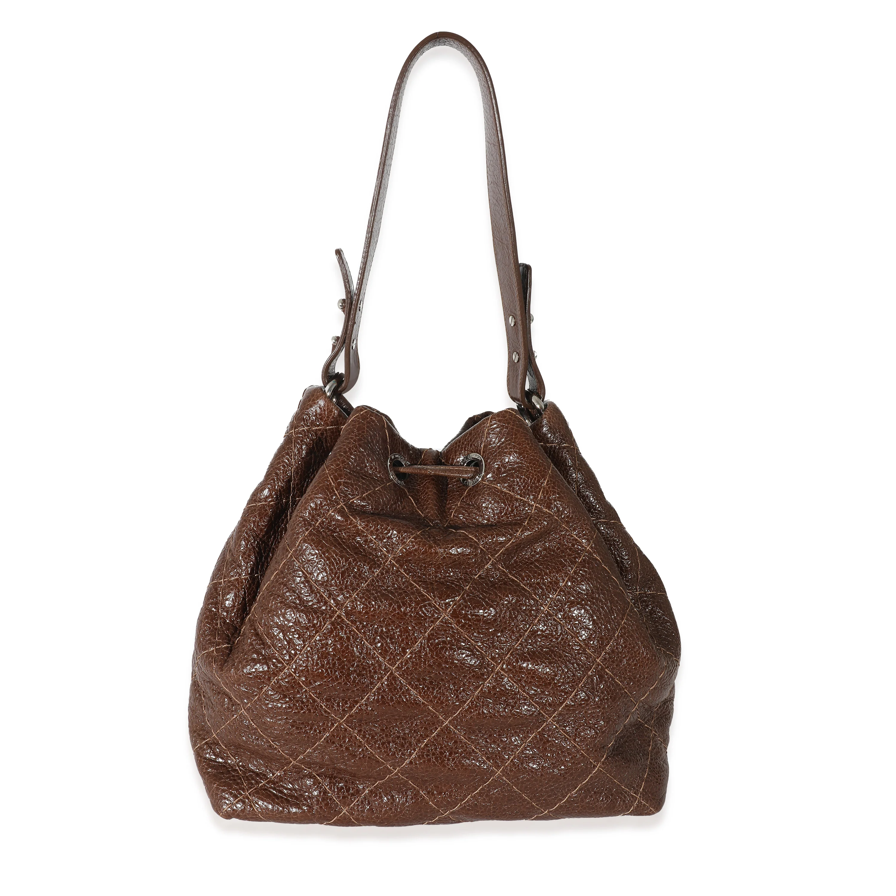 Chanel Brown Glazed Calfskin On The Road Drawstring Bucket Bag - Image 3