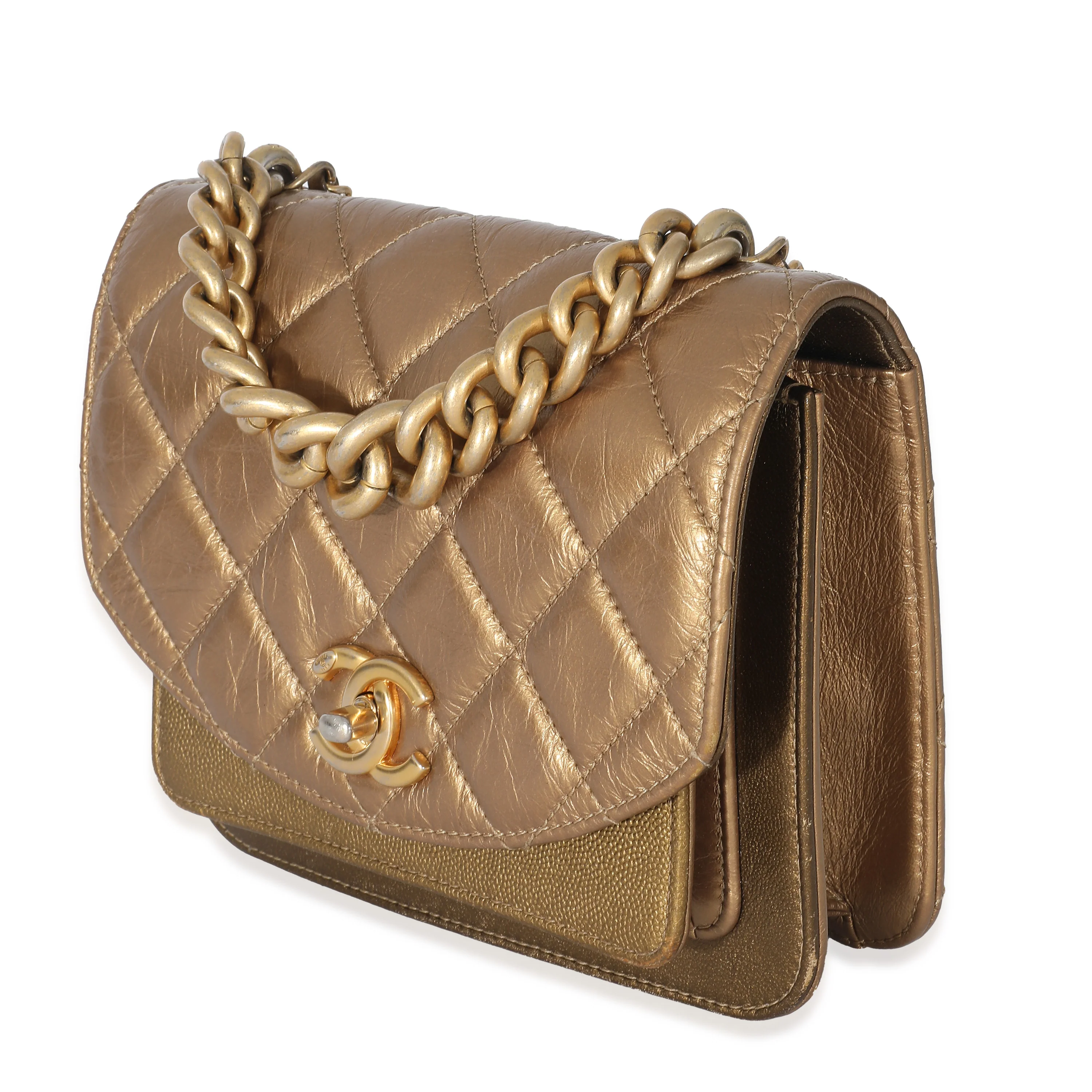 Chanel Gold Metallic Leather Mini Chain Handle Flap Bag - Image 2