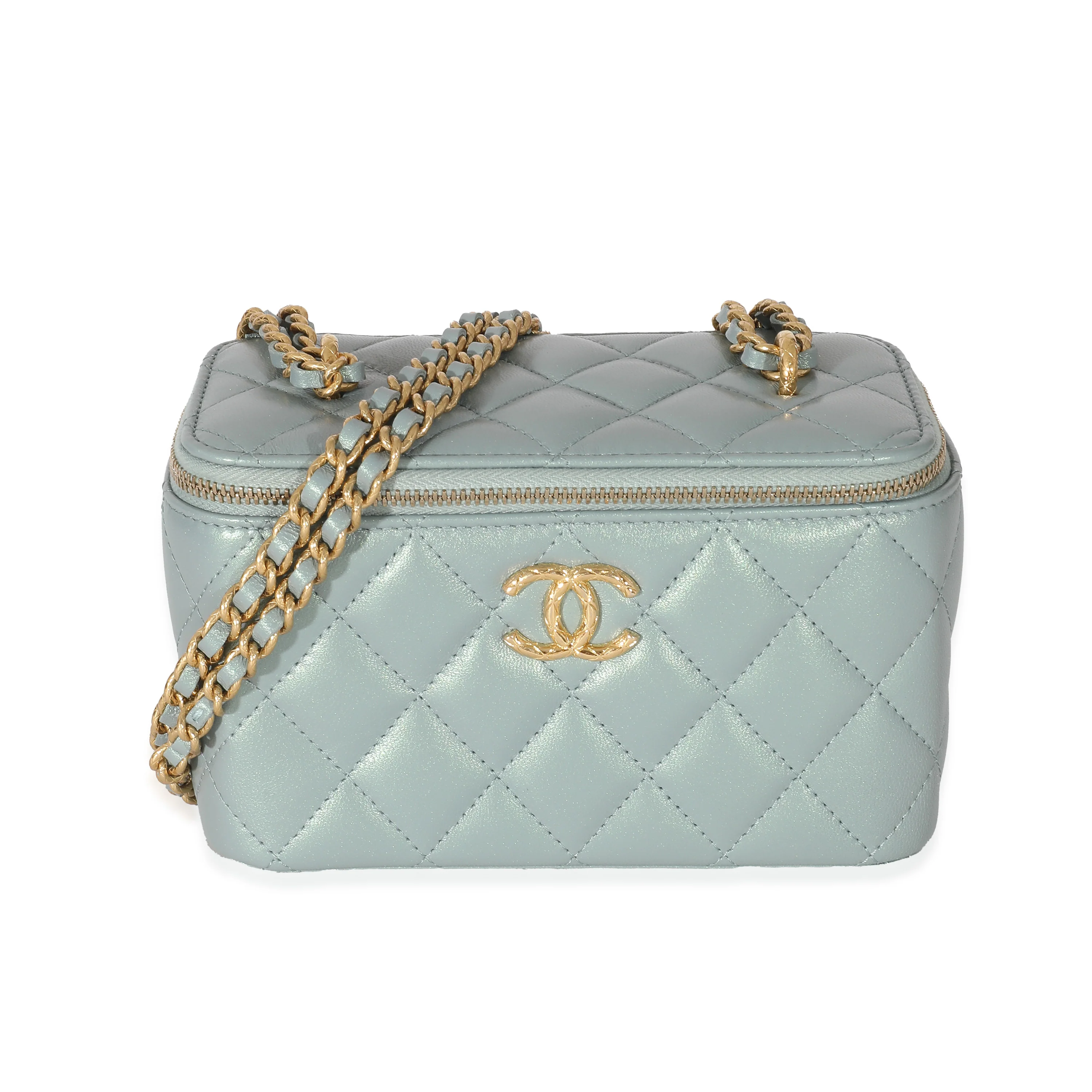 Chanel Metallic Green Lambskin Quilted Small CC Dynasty Vanity Case With Chain