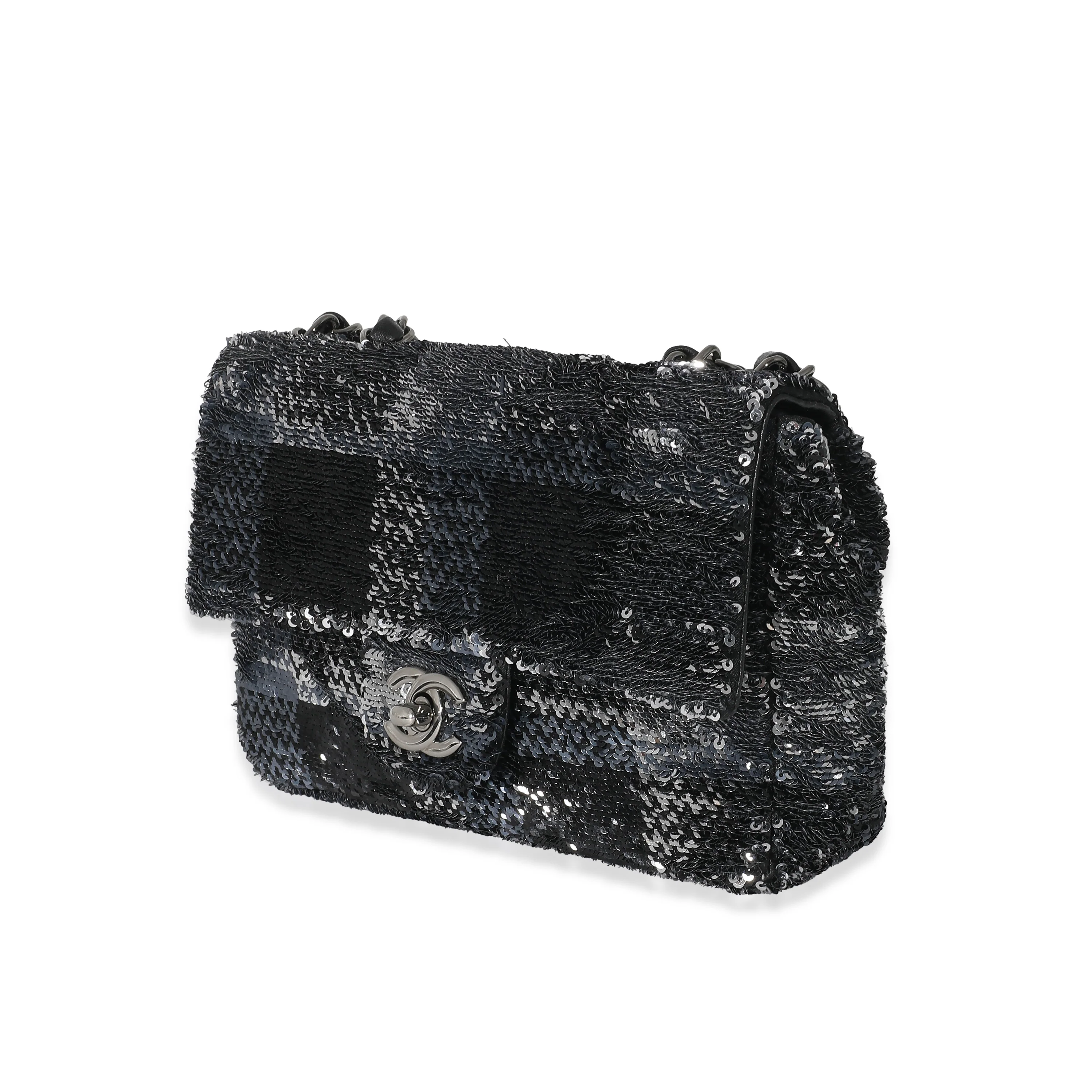 Chanel Black Silver Plaid Sequin Single Flap Bag - Image 2