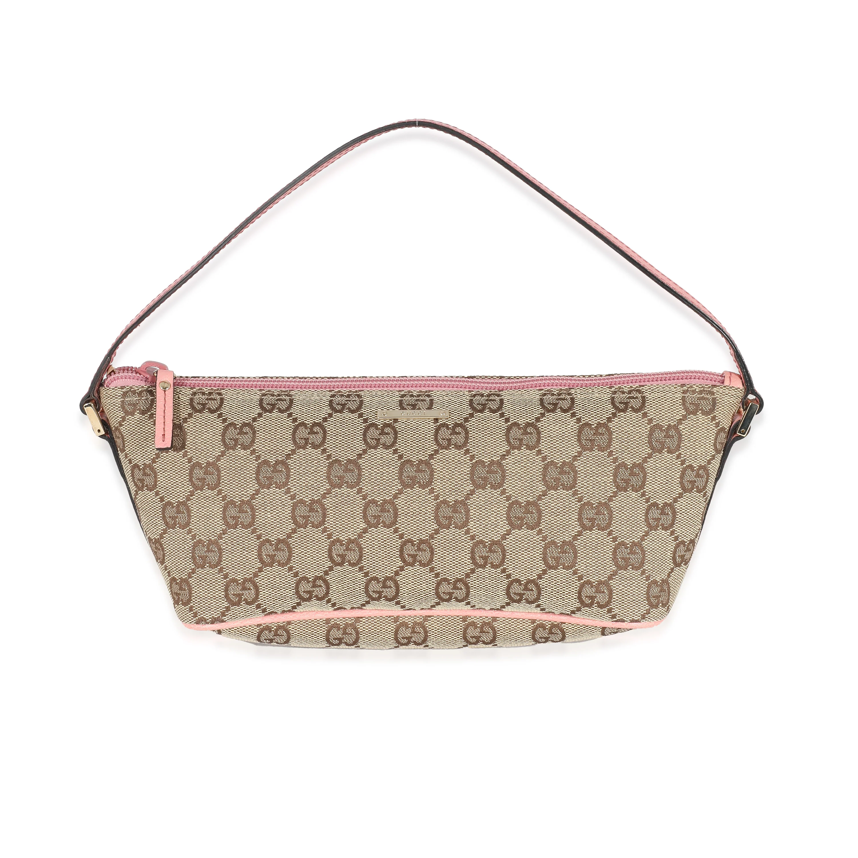 Gucci Pink Leather Beige GG Canvas Boat Pochette