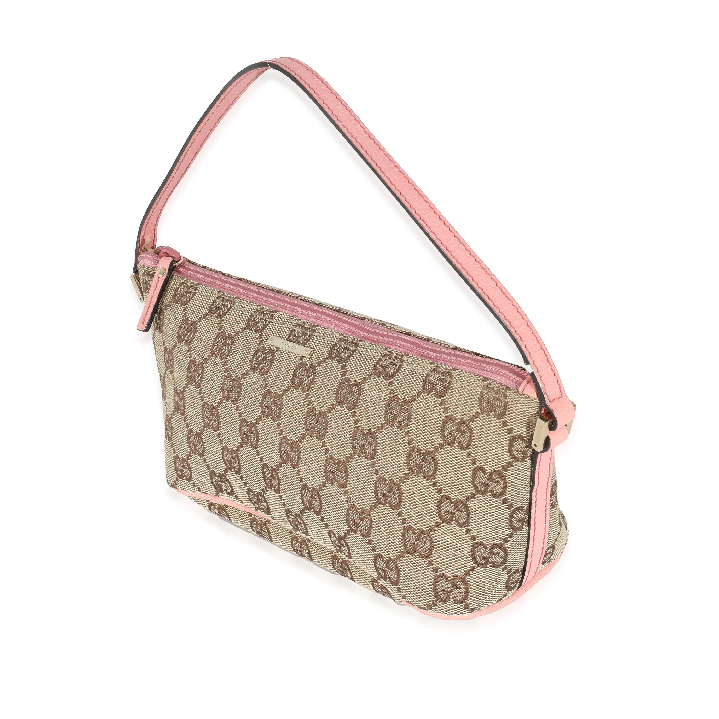 Gucci Pink Leather Beige GG Canvas Boat Pochette - Image 2